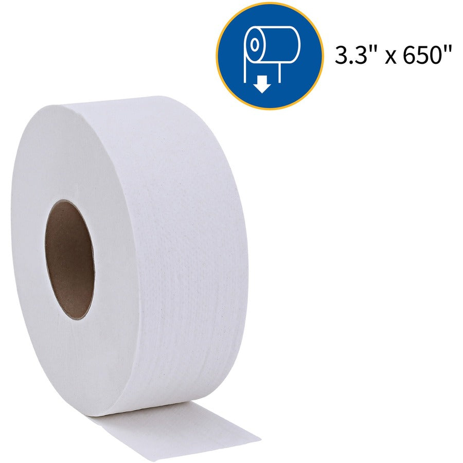 Genuine Joe 2-ply Jumbo Roll Dispenser Bath Tissue - 2 Ply - 3.30" Width x 650 ft Length - 3 19/64" Core - White - 12 / Carton