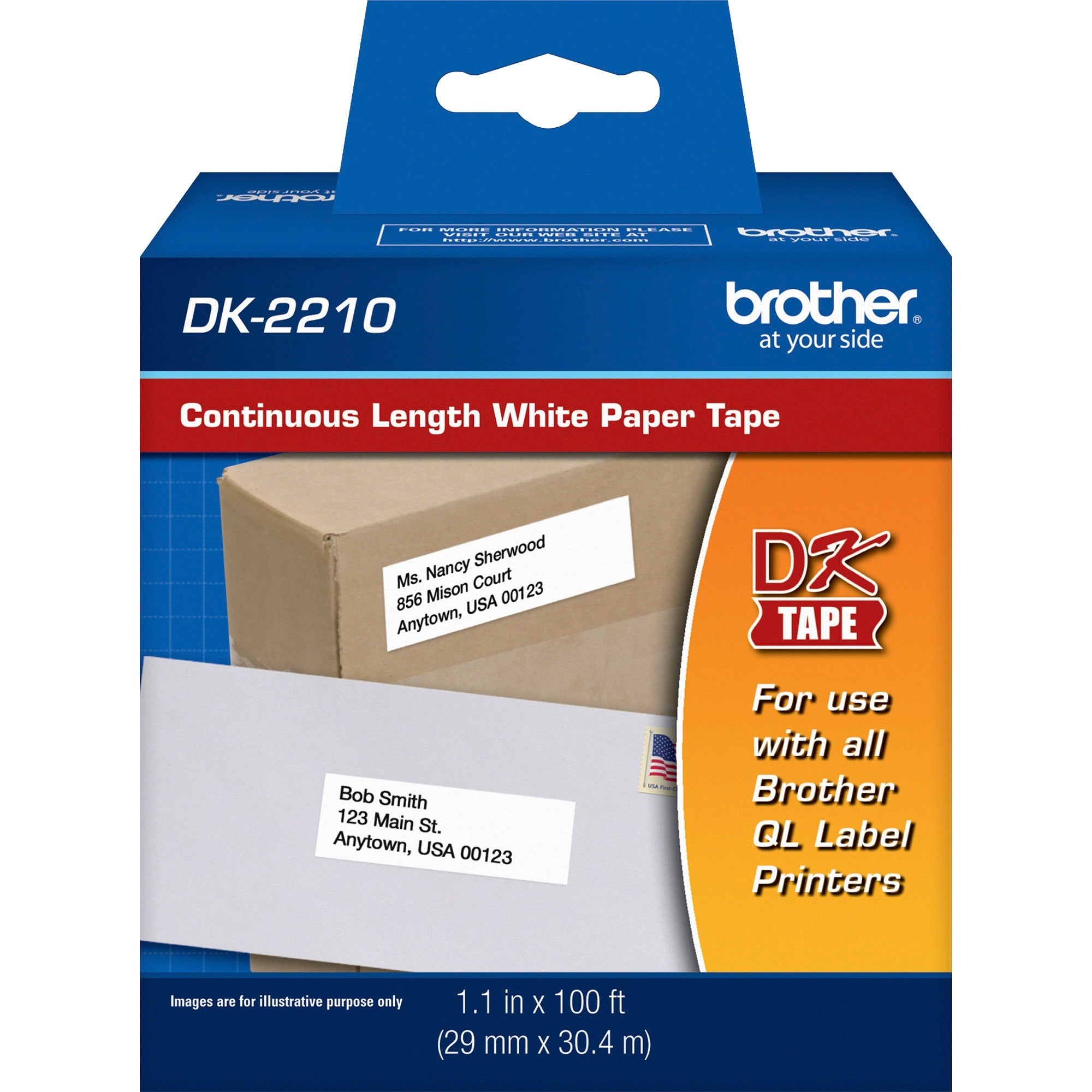 Brother Continuous Length White Film DK Tape - 1 9/64" Width - Direct Thermal - White - 1 Roll