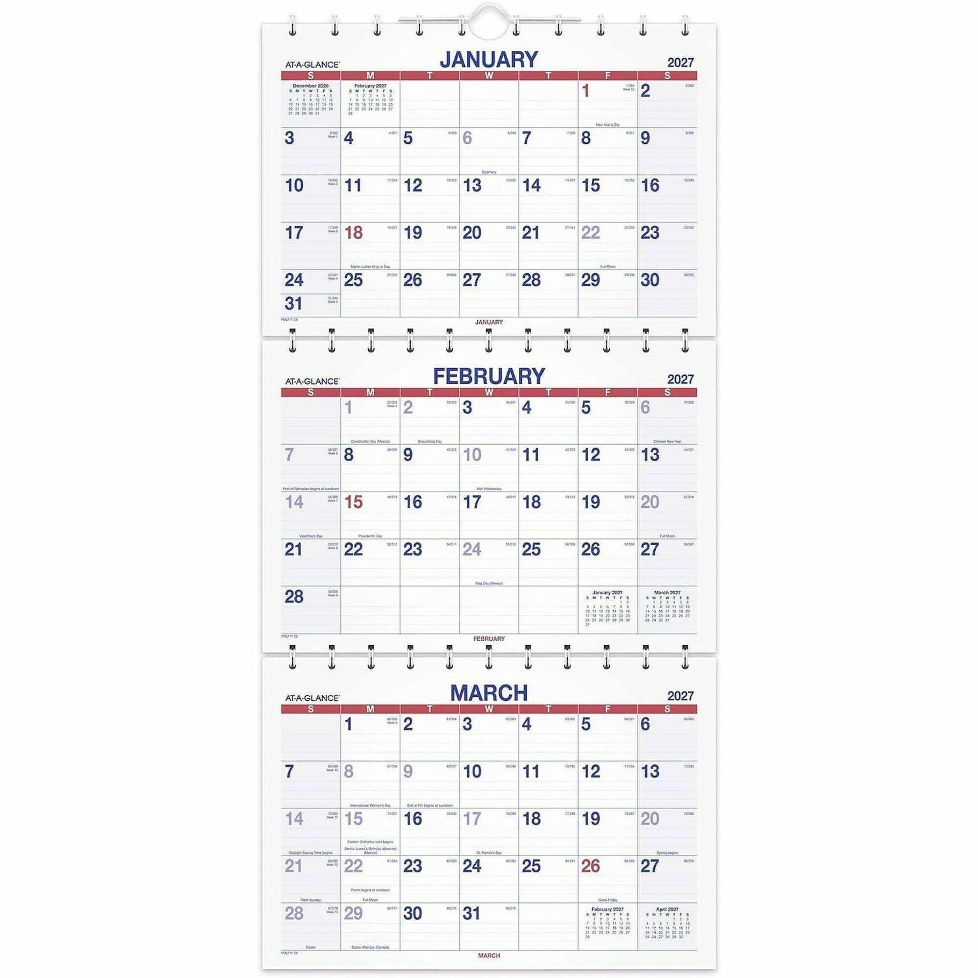 Large - Julian Dates - Monthly - 14 Month - December 2025 to February 2027 - 12" x 27" Sheet Size - White Sheet - 1.19" x 1.63" Block - Wire Bound - White - Chipboard, Paper - Reference Calendar, Hanging Loop, Sturdy Back, Ruled Daily Block - 1 Each