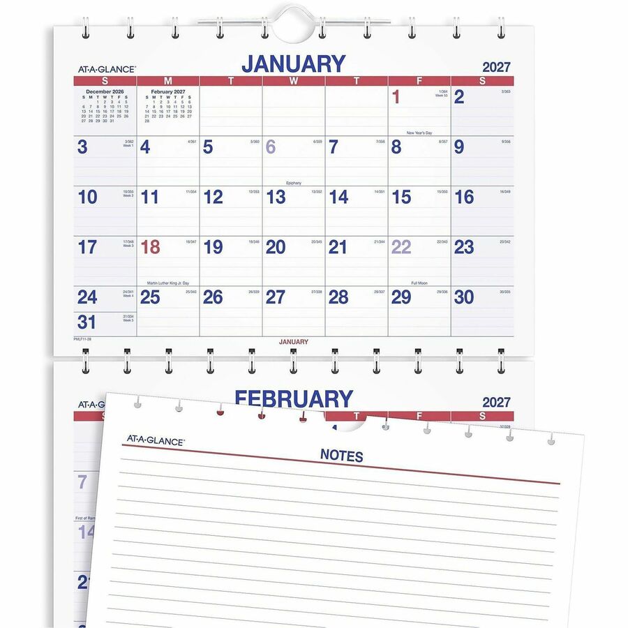 Large - Julian Dates - Monthly - 14 Month - December 2025 to February 2027 - 12" x 27" Sheet Size - White Sheet - 1.19" x 1.63" Block - Wire Bound - White - Chipboard, Paper - Reference Calendar, Hanging Loop, Sturdy Back, Ruled Daily Block - 1 Each