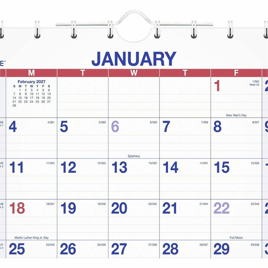 Large - Julian Dates - Monthly - 14 Month - December 2025 to February 2027 - 12" x 27" Sheet Size - White Sheet - 1.19" x 1.63" Block - Wire Bound - White - Chipboard, Paper - Reference Calendar, Hanging Loop, Sturdy Back, Ruled Daily Block - 1 Each