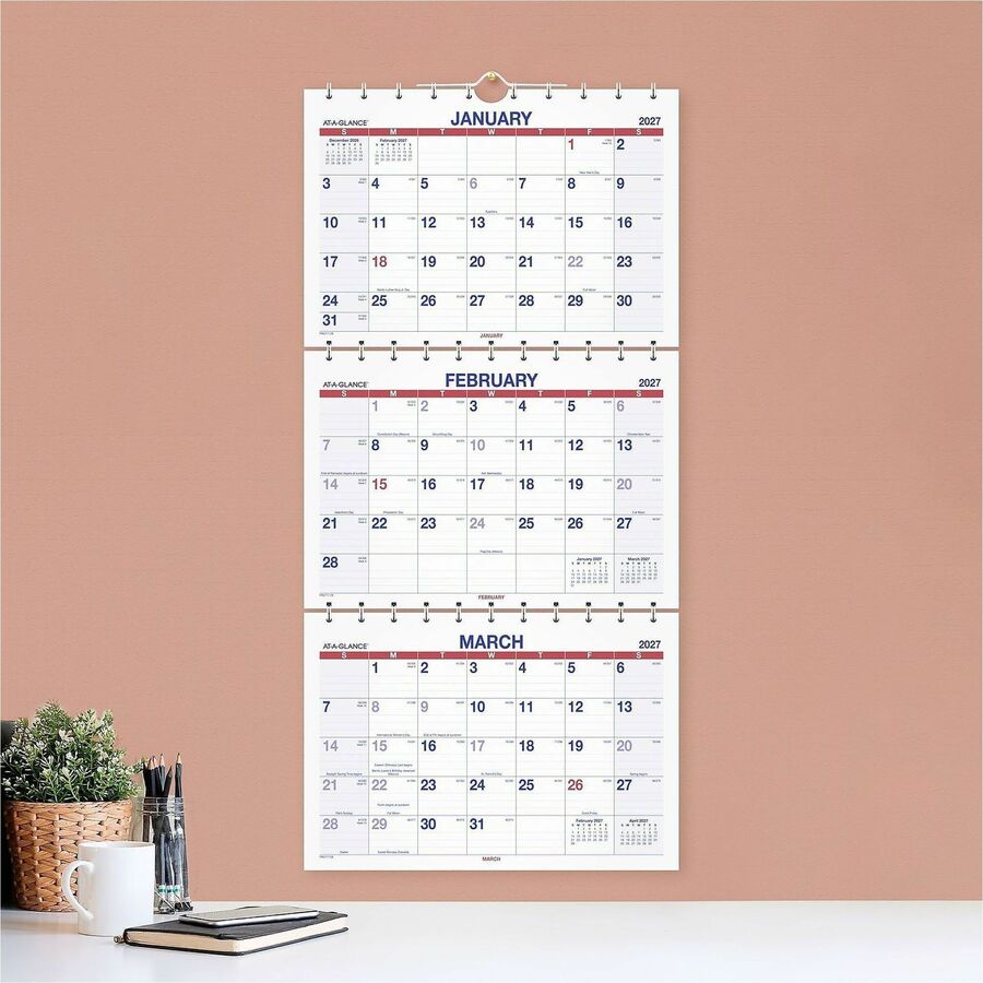 Large - Julian Dates - Monthly - 14 Month - December 2025 to February 2027 - 12" x 27" Sheet Size - White Sheet - 1.19" x 1.63" Block - Wire Bound - White - Chipboard, Paper - Reference Calendar, Hanging Loop, Sturdy Back, Ruled Daily Block - 1 Each