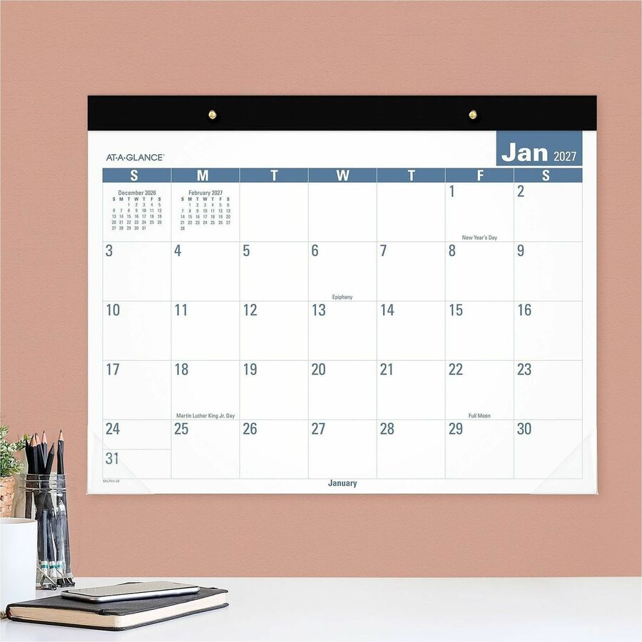 Julian Dates - Monthly - 12 Month - January 2026 to December 2026 - 1 Month Single Page Layout - 22" x 17" Sheet Size - 2.50" x 2.93" Block - Headband - Desk Pad - Multi - Poly - Reference Calendar, Sturdy Back, Durable - 1 Each
