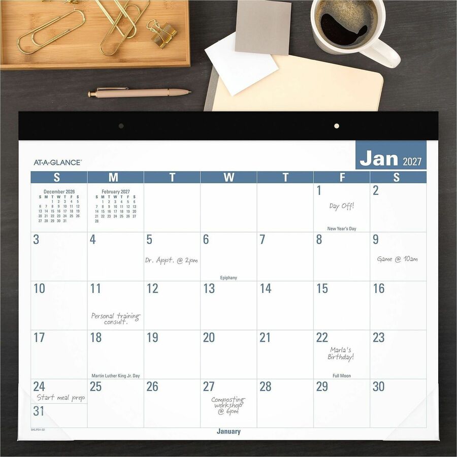 Julian Dates - Monthly - 12 Month - January 2026 to December 2026 - 1 Month Single Page Layout - 22" x 17" Sheet Size - 2.50" x 2.93" Block - Headband - Desk Pad - Multi - Poly - Reference Calendar, Sturdy Back, Durable - 1 Each