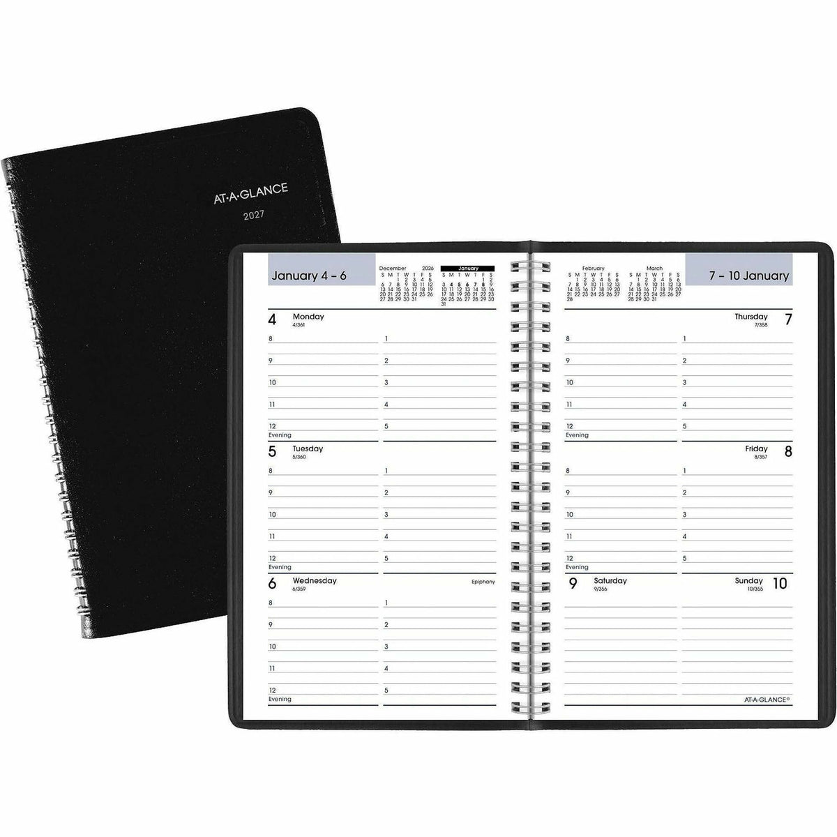 At-A-Glance DayMinder Weekly Appointment Book, Small, January-December 2027, 5" x 8", Weekly Double-Page Layout, 8 AM-5 PM Hourly Schedule, Wire-Bound, Black Faux Leather Cover, Julian Dates