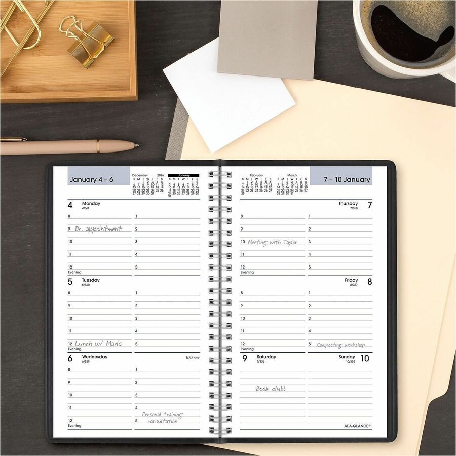At-A-Glance DayMinder Appointment Book Planner, Weekly, Small, 12 Month, January 2026–December 2026, 8:00 AM–5:00 PM Hourly, 1 Week Double Page Layout, 5" x 8", Wire Bound, Black Faux Leather Cover, 1 Each