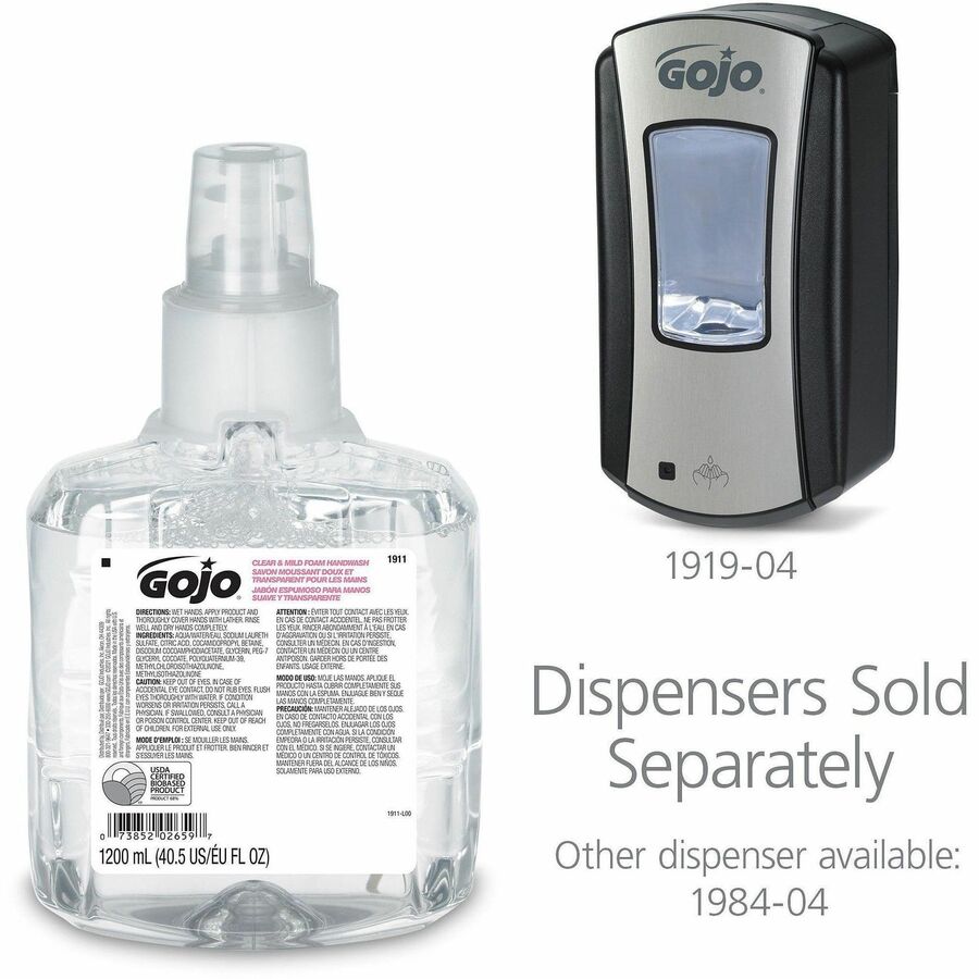 Gojo&reg; LTX-12 Clear Mild Foam Handwash Refill - 1.27 quart - Hand, Skin - Moisturizing - Clear - Fragrance-free, Dye-free, Rich Lather, Eco-friendly - 2 / Carton