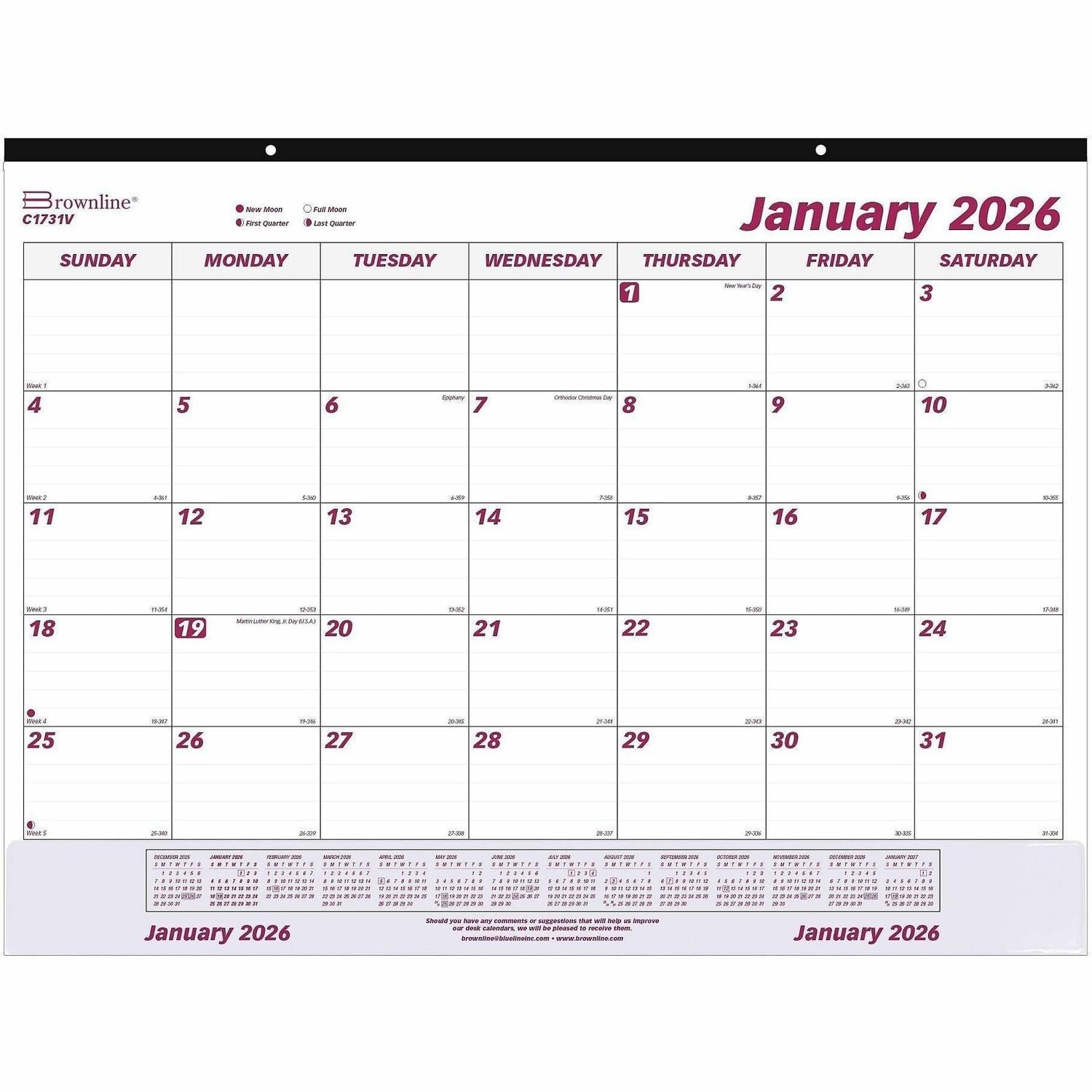 Julian Dates - Monthly - 12 Month - January 2026 to December 2026 - 1 Month Single Page Layout - 22" x 17" Sheet Size - Desk Pad - White - Chipboard - Tear-off, Reinforced, Perforated, Reference Calendar, Hole-punched - 1 Each