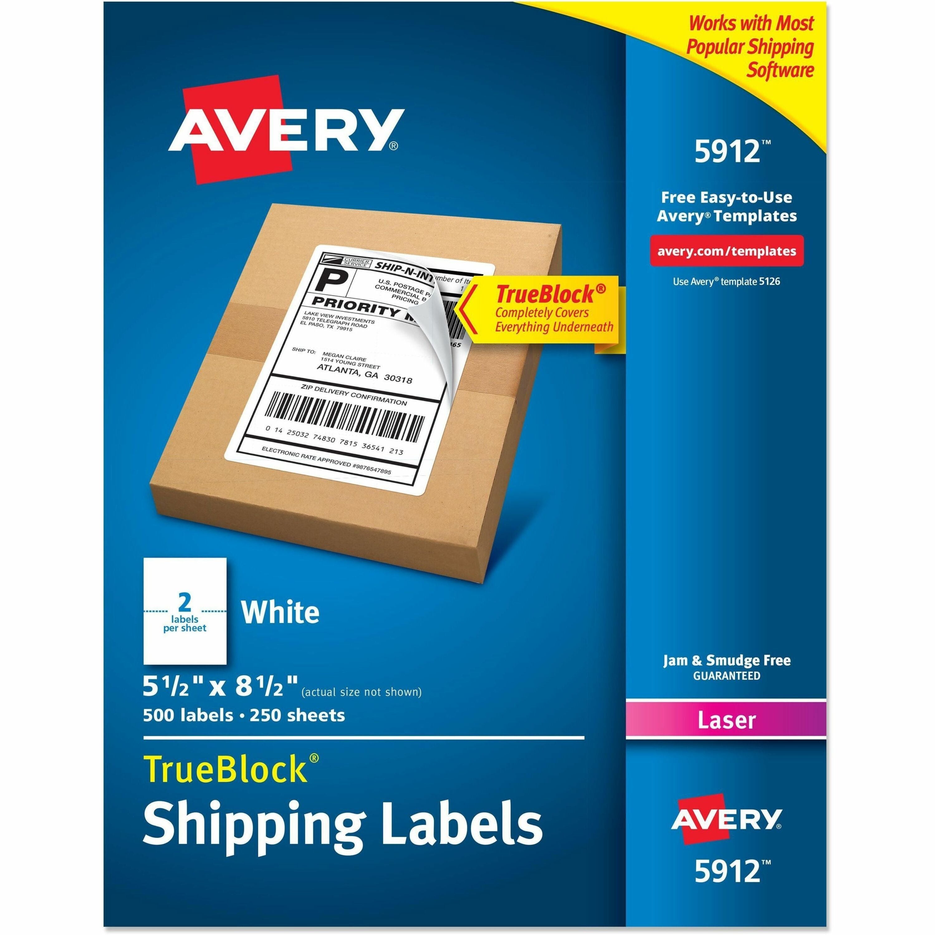 Avery TrueBlock Shipping Labels, 5 1/2" x 8 1/2", White, Matte, Permanent Adhesive, Laser Compatible, Rectangle, 2 Labels/Sheet, 250 Sheets, 500 Labels/Box