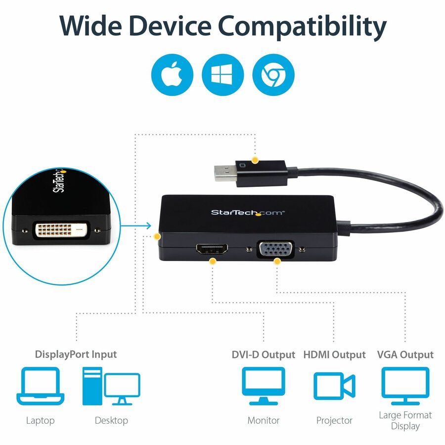 StarTech.com Travel A/V Adapter: 3-in-1 DisplayPort to VGA DVI or HDMI Converter