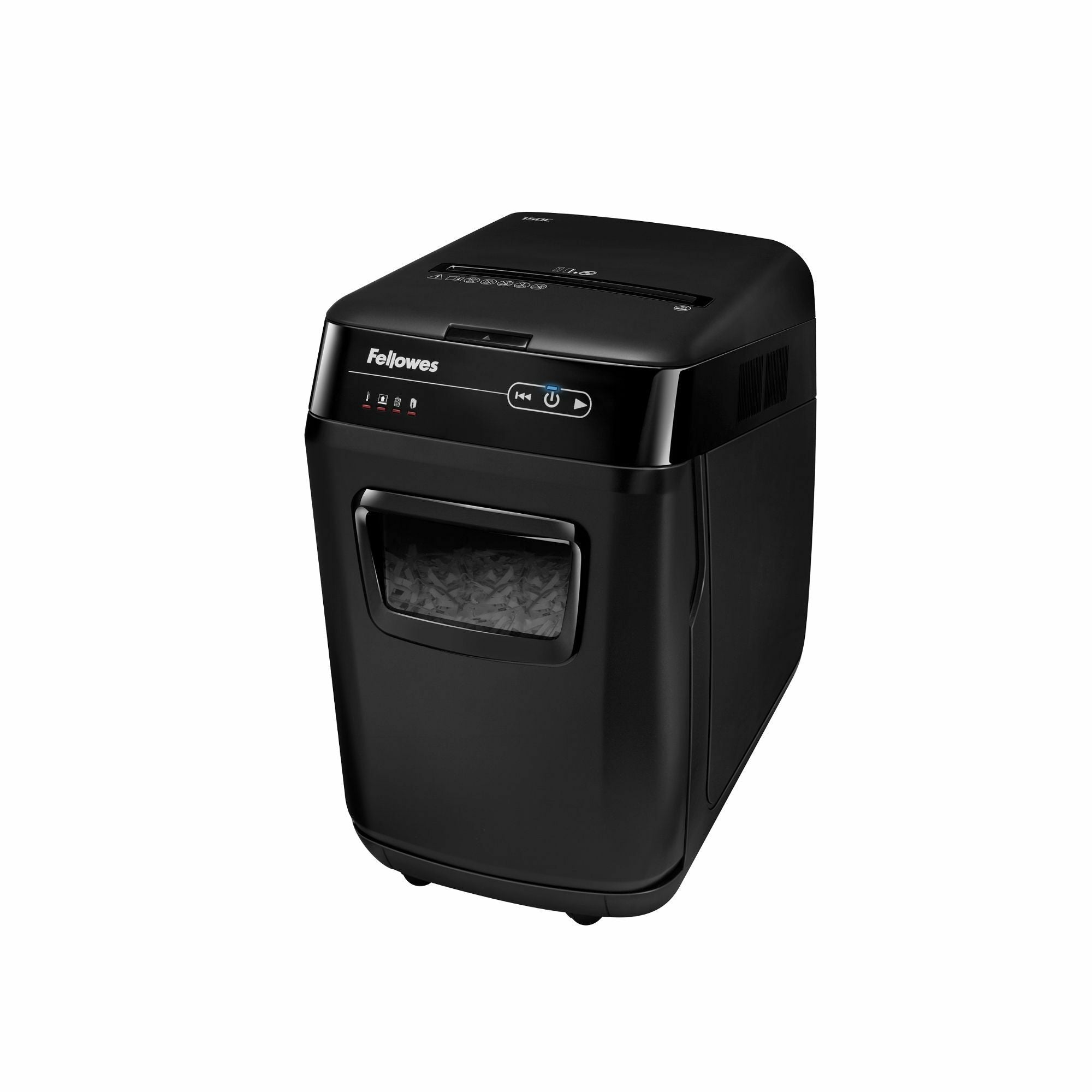 Cross Cut - 150 Per Pass - for shredding Staples, Paper Clip, Credit Card, Paper, CD, DVD, Junk Mail - 0.156" x 1.500" Shred Size - P-4 - 11 ft/min - 9" Throat - 10 Minute Run Time - 25 Minute Cool Down Time - 8.50 gal Wastebin Capacity - Black
