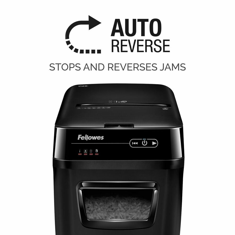 Cross Cut - 150 Per Pass - for shredding Staples, Paper Clip, Credit Card, Paper, CD, DVD, Junk Mail - 0.156" x 1.500" Shred Size - P-4 - 11 ft/min - 9" Throat - 10 Minute Run Time - 25 Minute Cool Down Time - 8.50 gal Wastebin Capacity - Black