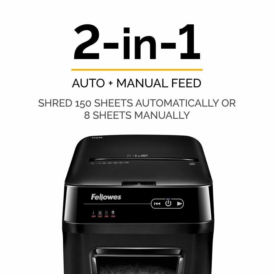 Cross Cut - 150 Per Pass - for shredding Staples, Paper Clip, Credit Card, Paper, CD, DVD, Junk Mail - 0.156" x 1.500" Shred Size - P-4 - 11 ft/min - 9" Throat - 10 Minute Run Time - 25 Minute Cool Down Time - 8.50 gal Wastebin Capacity - Black