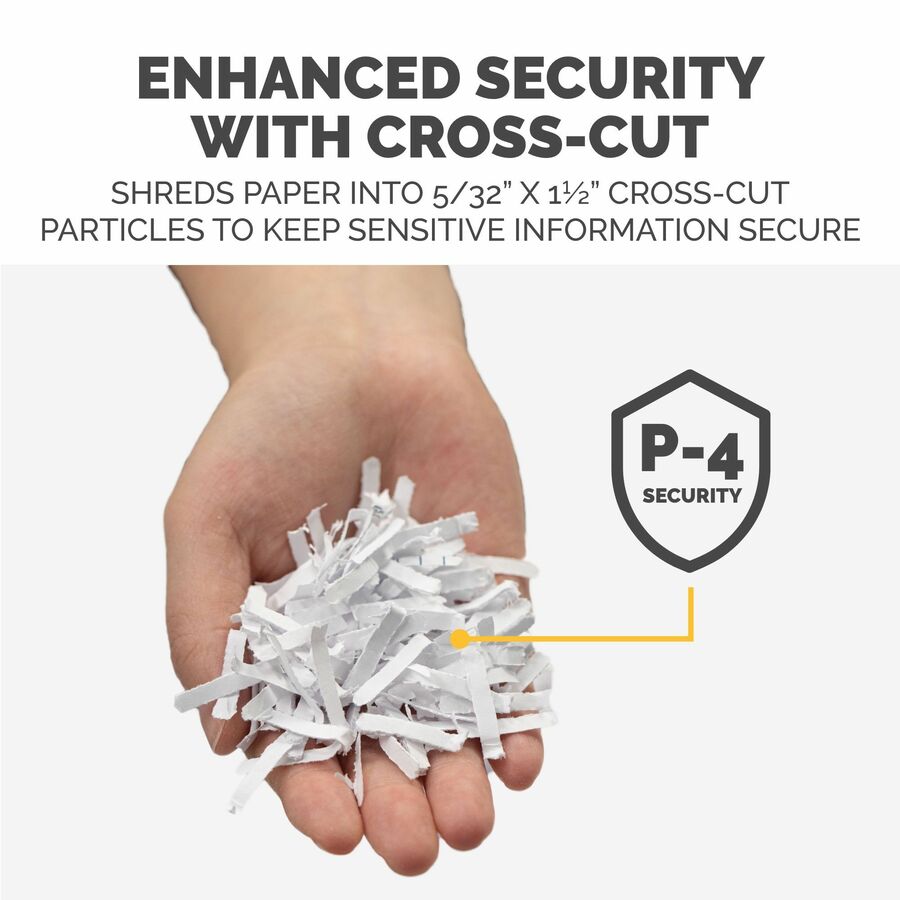 Cross Cut - 150 Per Pass - for shredding Staples, Paper Clip, Credit Card, Paper, CD, DVD, Junk Mail - 0.156" x 1.500" Shred Size - P-4 - 11 ft/min - 9" Throat - 10 Minute Run Time - 25 Minute Cool Down Time - 8.50 gal Wastebin Capacity - Black