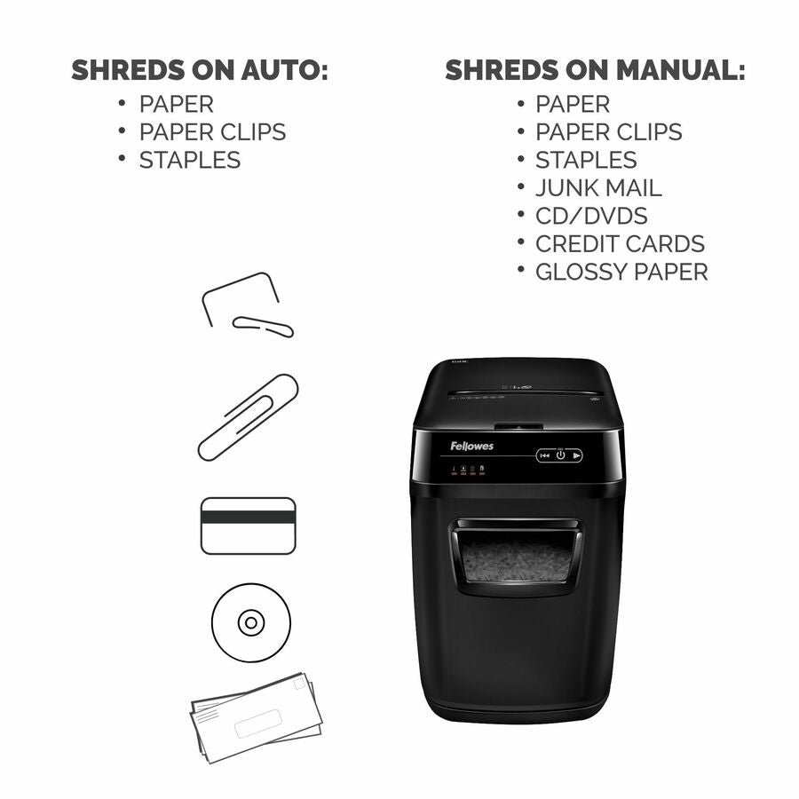 Cross Cut - 150 Per Pass - for shredding Staples, Paper Clip, Credit Card, Paper, CD, DVD, Junk Mail - 0.156" x 1.500" Shred Size - P-4 - 11 ft/min - 9" Throat - 10 Minute Run Time - 25 Minute Cool Down Time - 8.50 gal Wastebin Capacity - Black