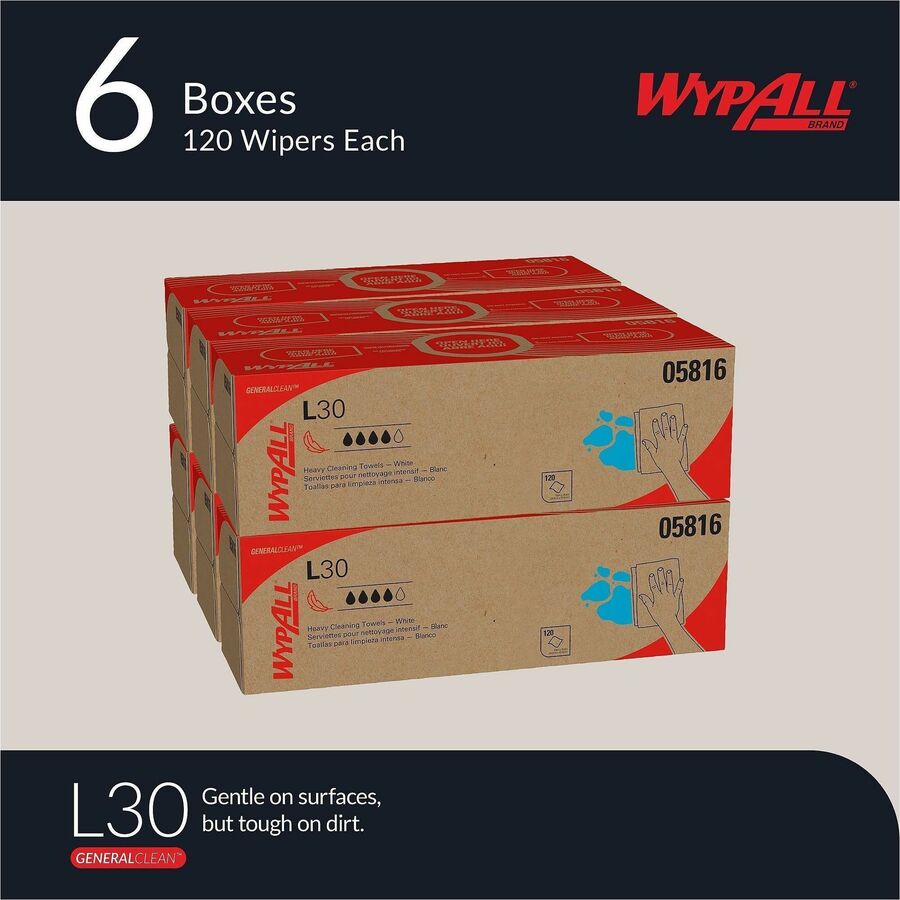 Wypall General Clean L30 Heavy Cleaning Towels, White, 9.80" x 16.40", 120 Towels per Box, 1 Carton