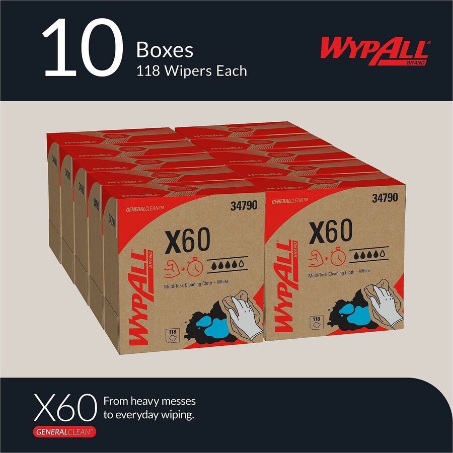 Wypall GeneralClean X60 Multi-Task Cleaning Cloths, Pop-Up Box, White, Hydroknit, 8.34" x 16.80", 118 Cloths/Box, 10 Boxes/Carton