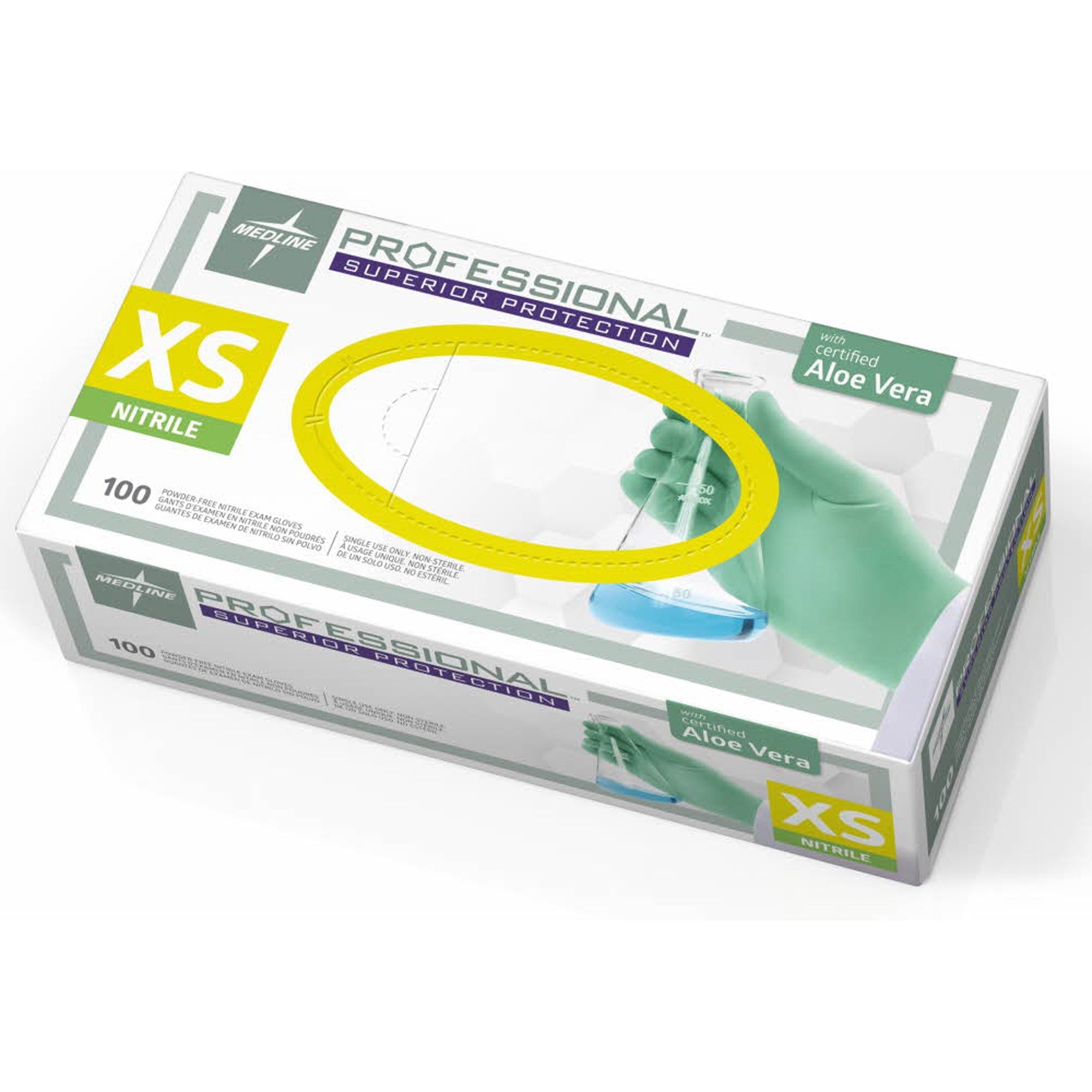 Medline Professional Series Aloetouch Gloves, X-Small, Green, Latex-Free, Non-Sterile, Textured, 5.9 mil Thickness, 9.5" Length, 100/Box