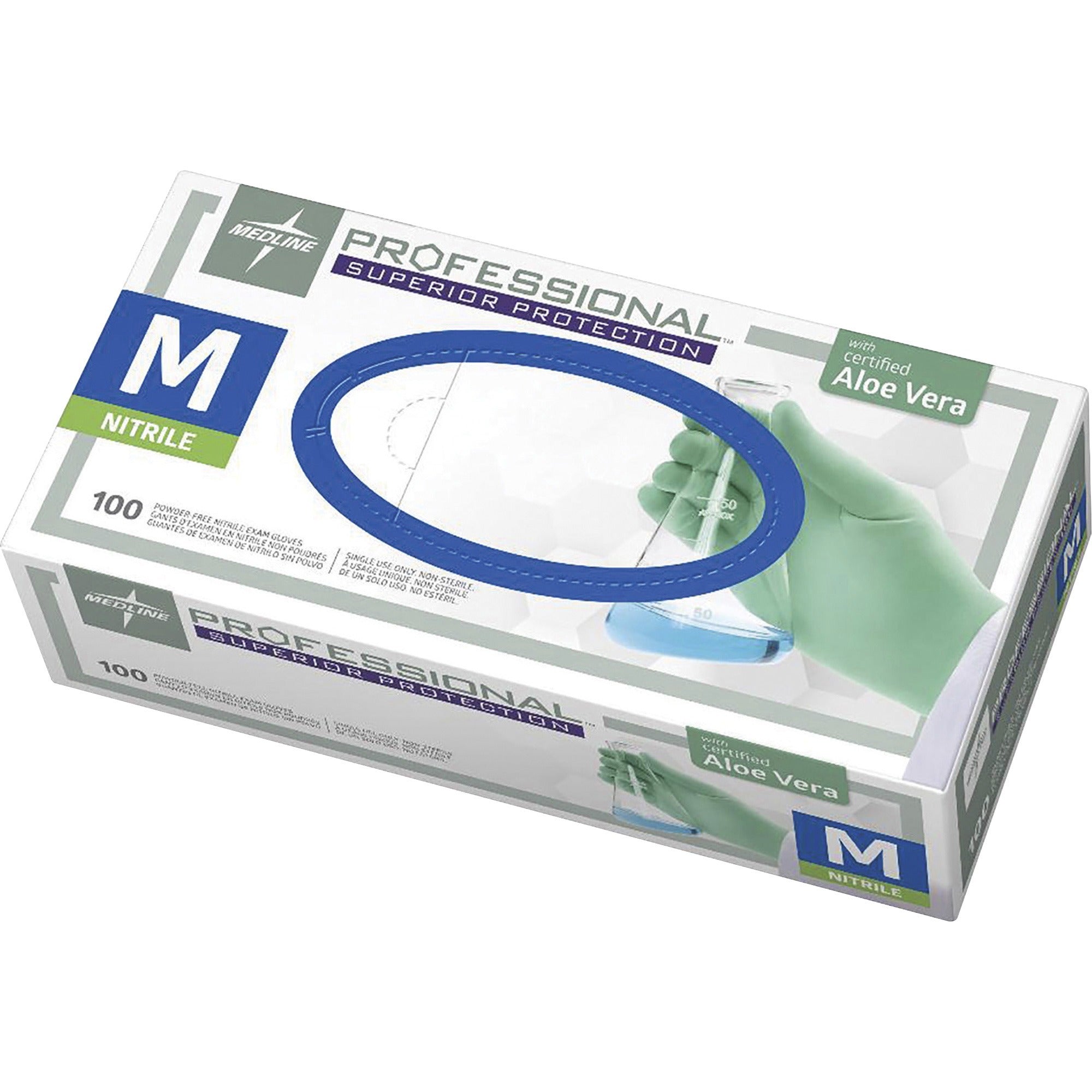 Medline Professional Series Aloetouch Gloves, Medium, 5.9 mil Thickness, 9.5" Length, Green, Latex-Free, Non-Sterile, Textured, Powder-Free, 100/Box