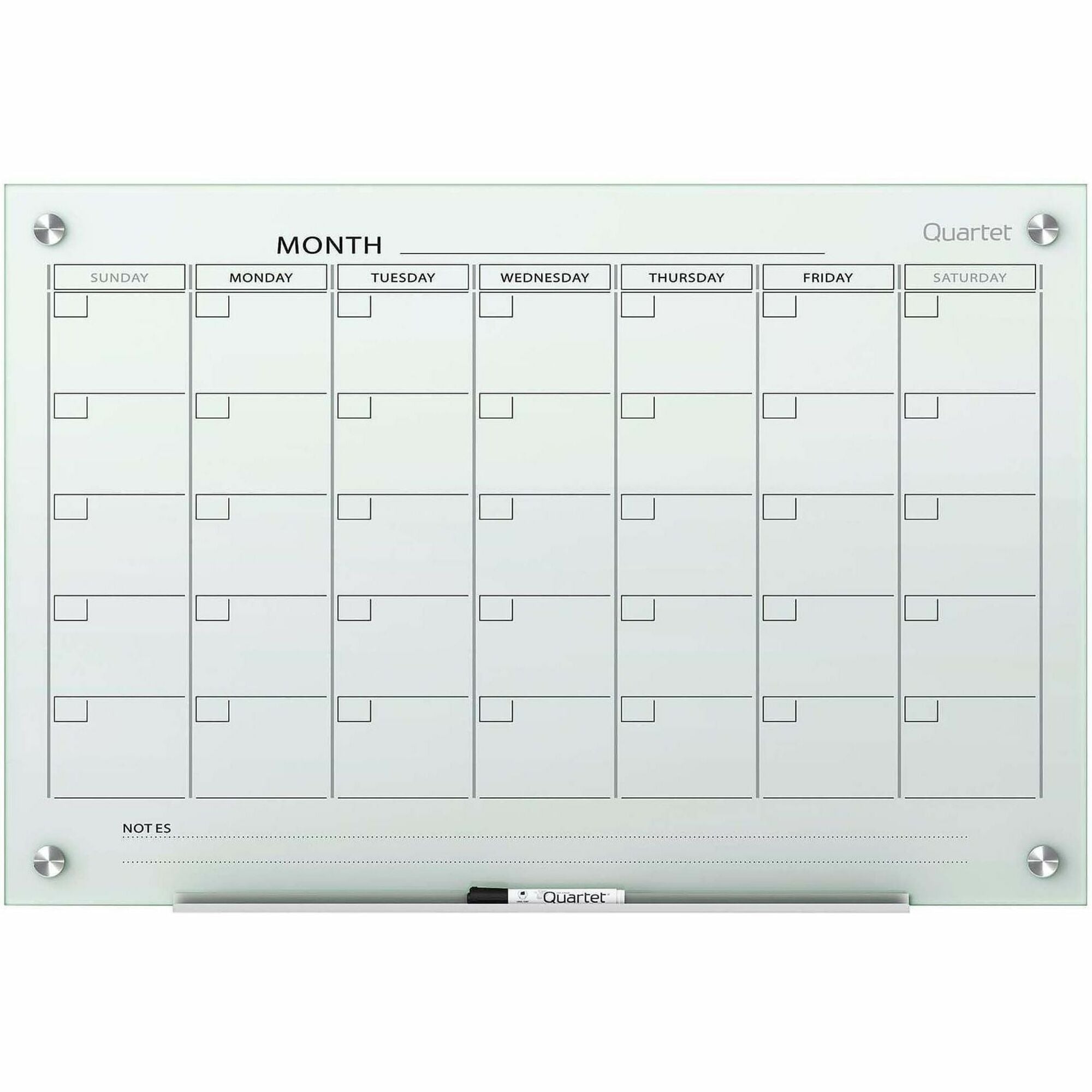 Monthly - 1 Month - White - Tempered Glass - 18" Height x 24" Width - Magnetic, Durable, Stain Resistant, Ghost Resistant, Scratch Resistant, Dent Resistant, Dry Erase Surface, Notes Area, Reusable - 1 Each