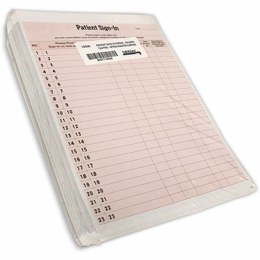 Tabbies Patient Sign-In Label Forms, 125 Sheets, 8.5" x 11", Salmon, 125/Pack