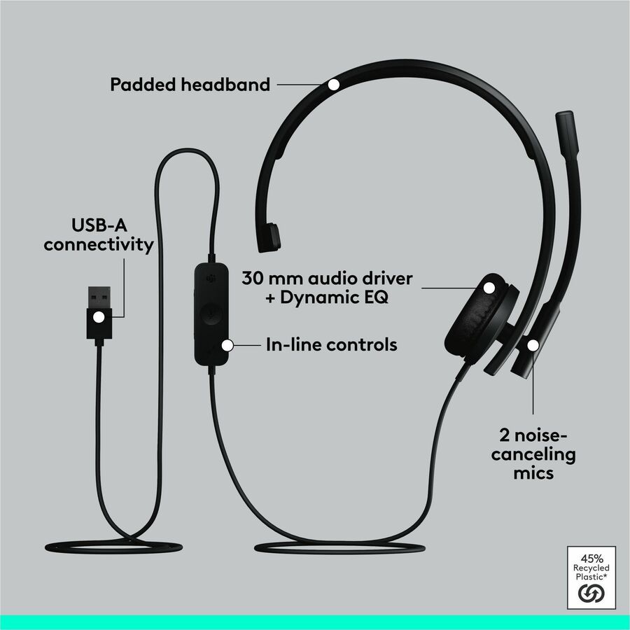 Mono - USB - Wired - 31.50 Hz to 20 kHz - Over-the-head - Monaural - Supra-aural - Noise Cancelling, Electret Microphone