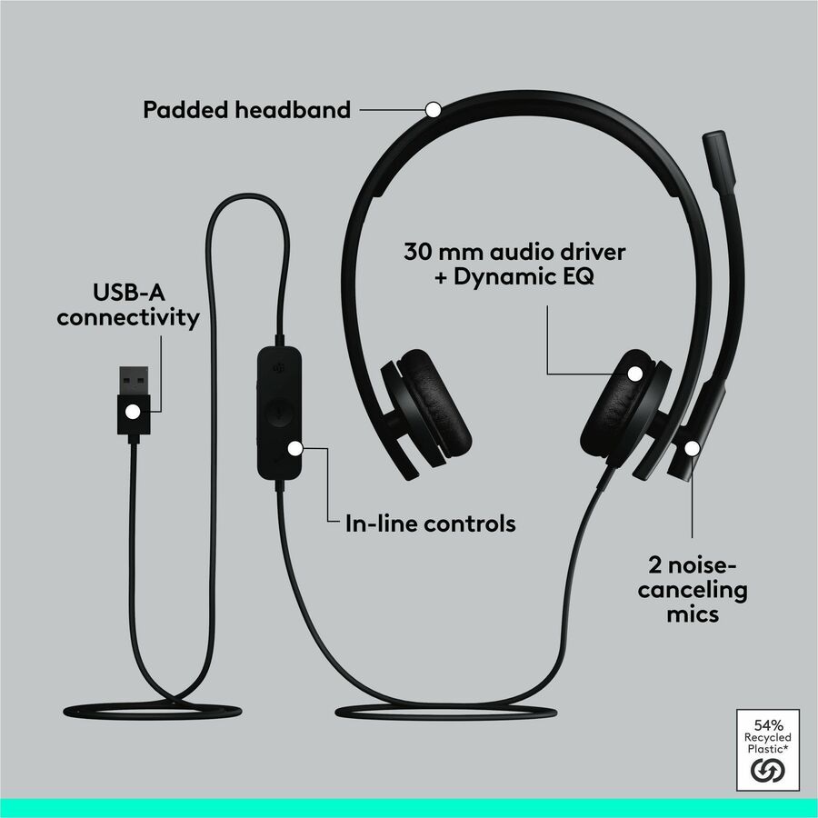 Stereo - USB - Wired - 31.50 Hz to 20 kHz - Over-the-head - Binaural - Supra-aural - Noise Cancelling, Electret Microphone - Black