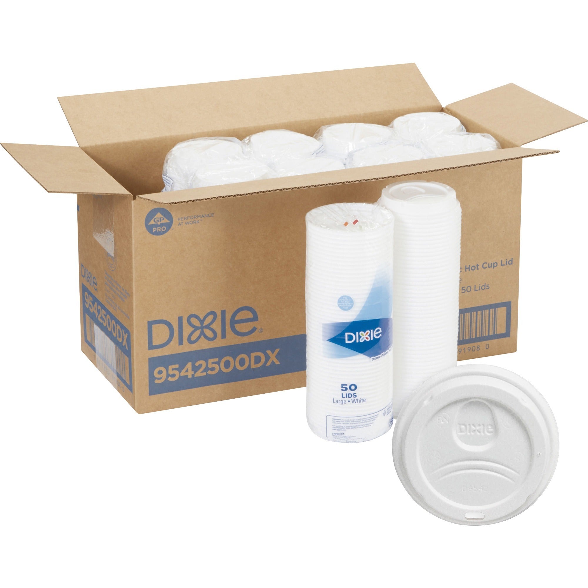 Dixie Large Hot Cup Lids, Dome, Plastic, White, 50/Pack, 10 Packs per Carton