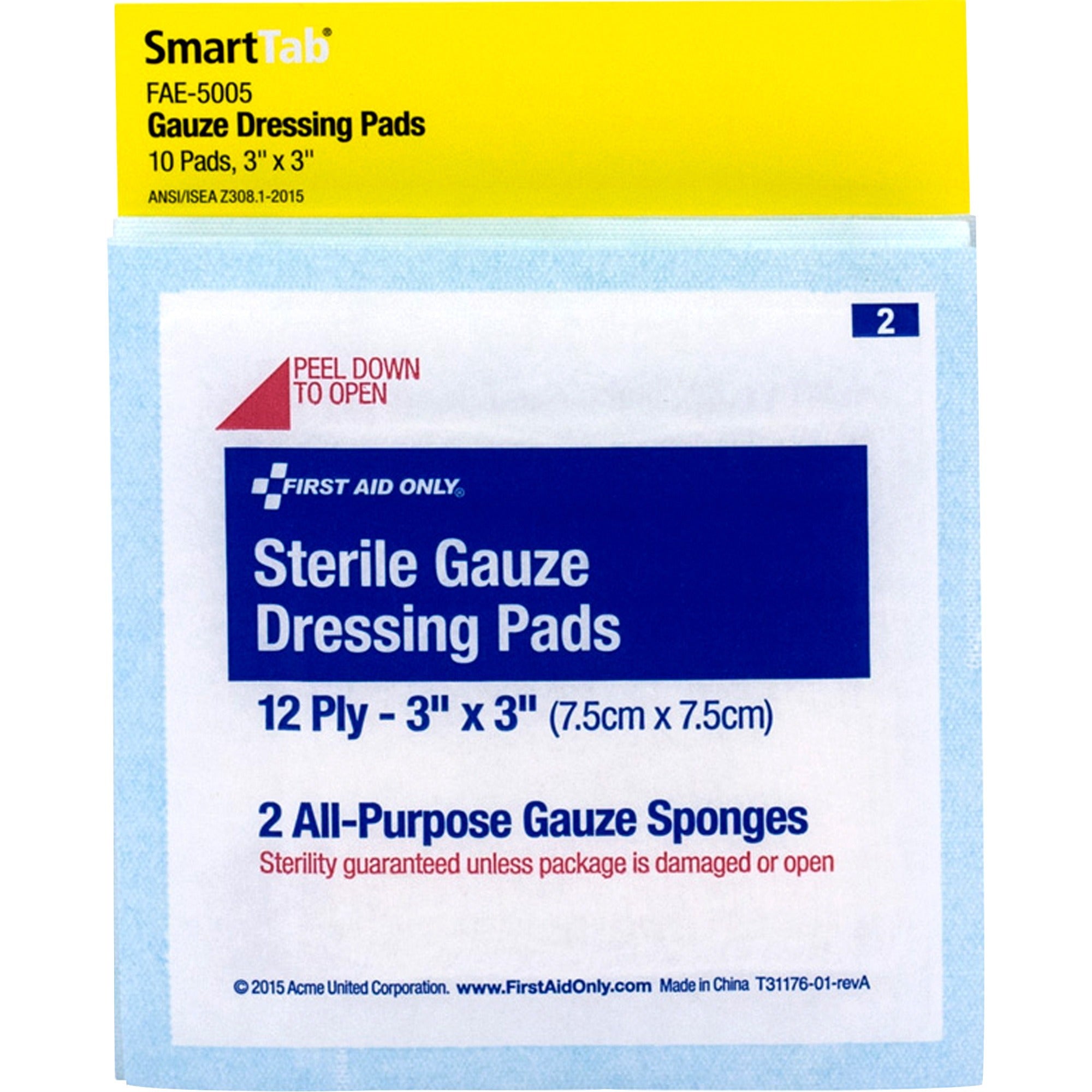 First Aid Only Sterile Gauze Dressing Pads, 12 Ply, 3" x 3", White, 1 Pack