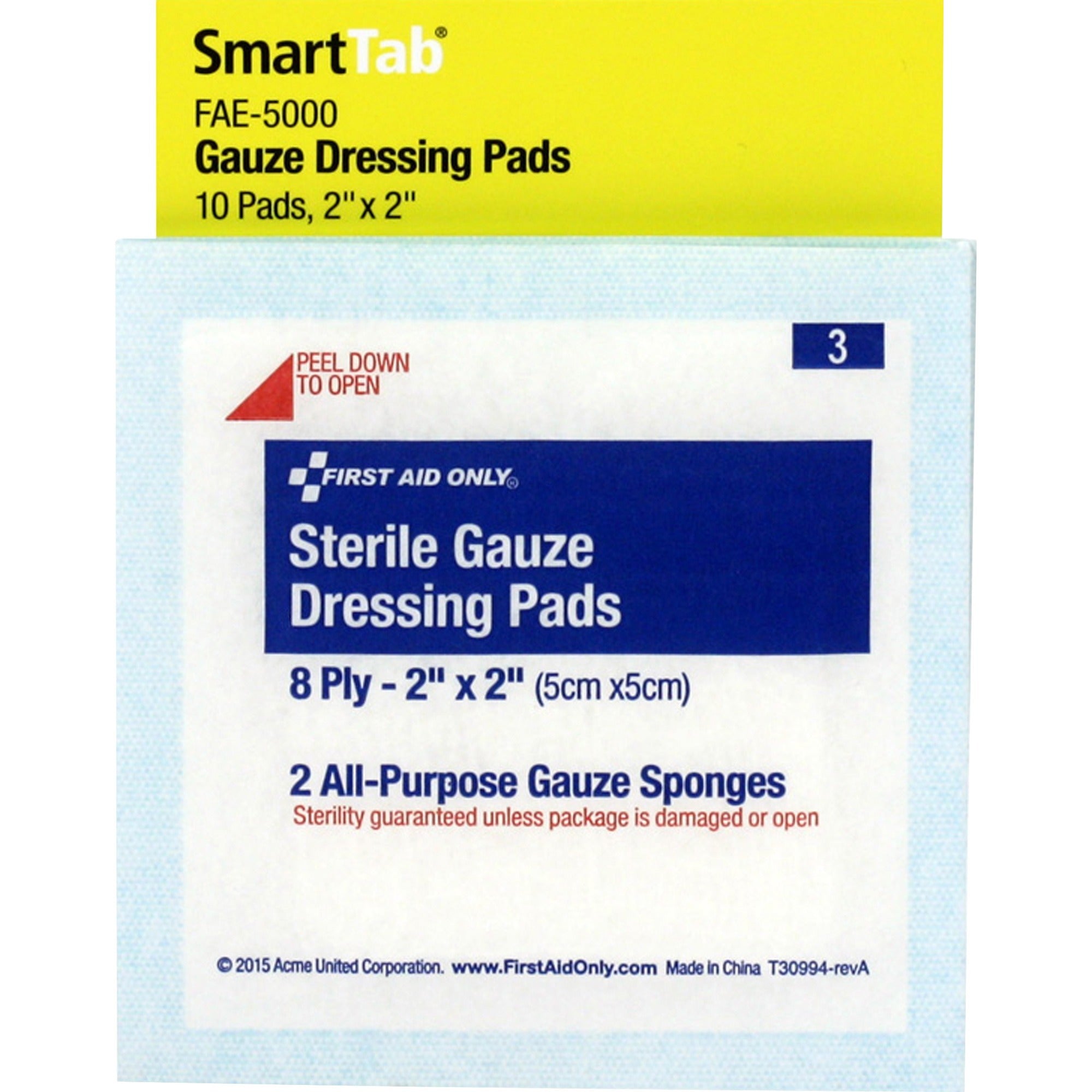 First Aid Only Sterile Gauze Dressing Pads, 8 Ply, 2" x 2", White, 10 Pack