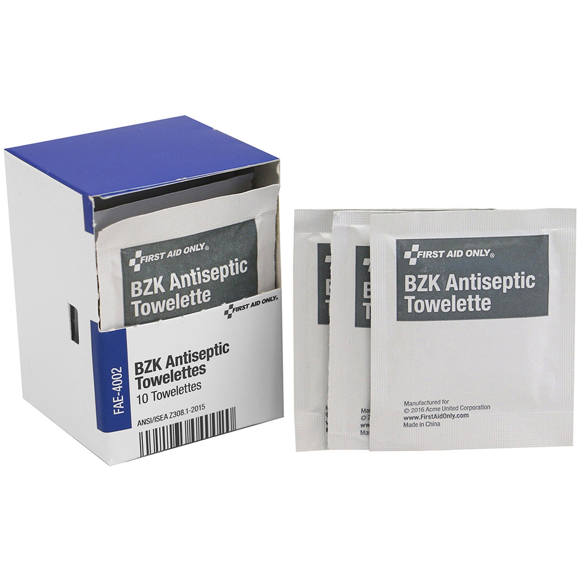 First Aid Only BZK Antiseptic Towelettes, 4.75" x 7.75", White, 10 Towelettes per Box