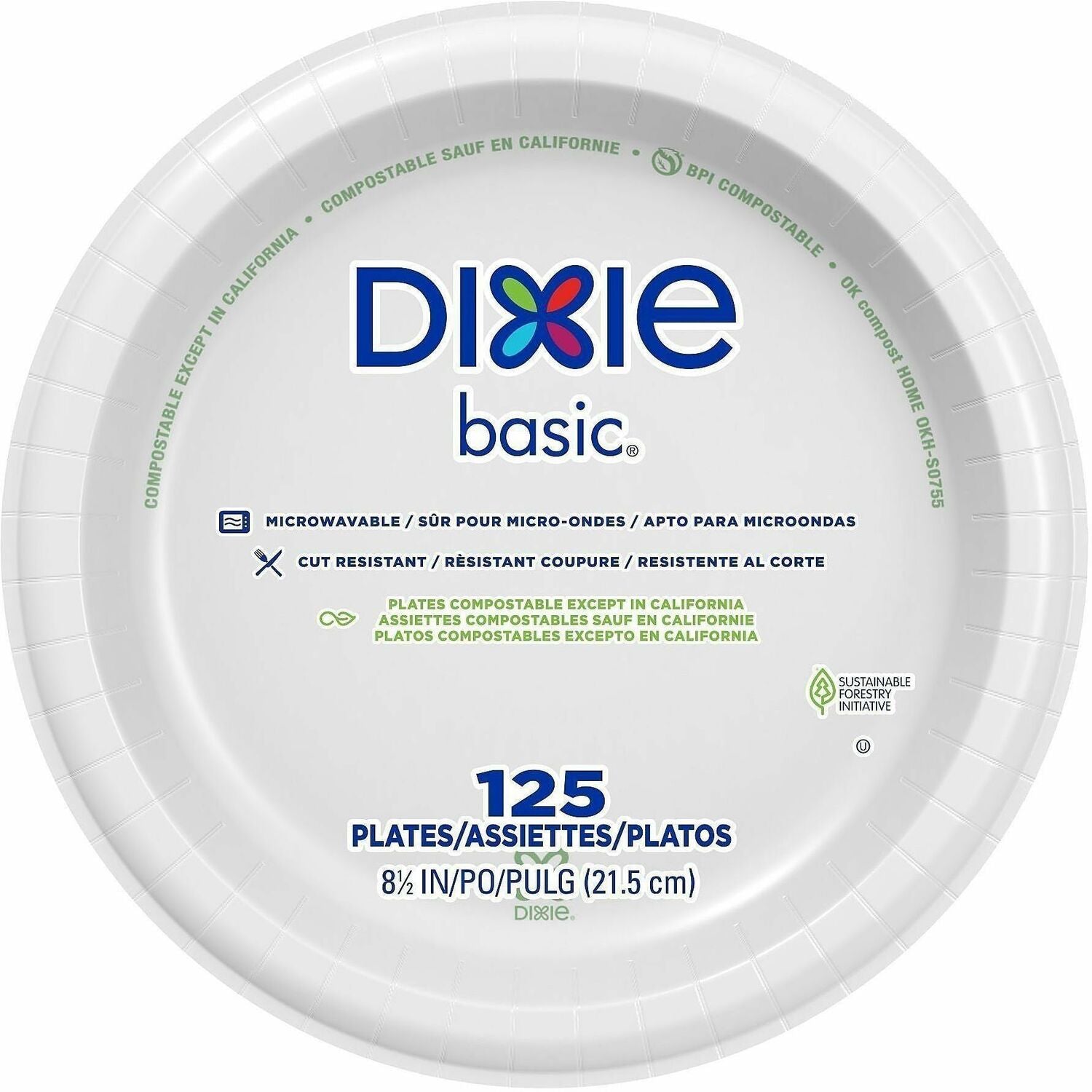 Dixie Basic 8.5" Lightweight White Paper Plates, Microwave Safe, Cut and Soak Resistant, 125 Pack