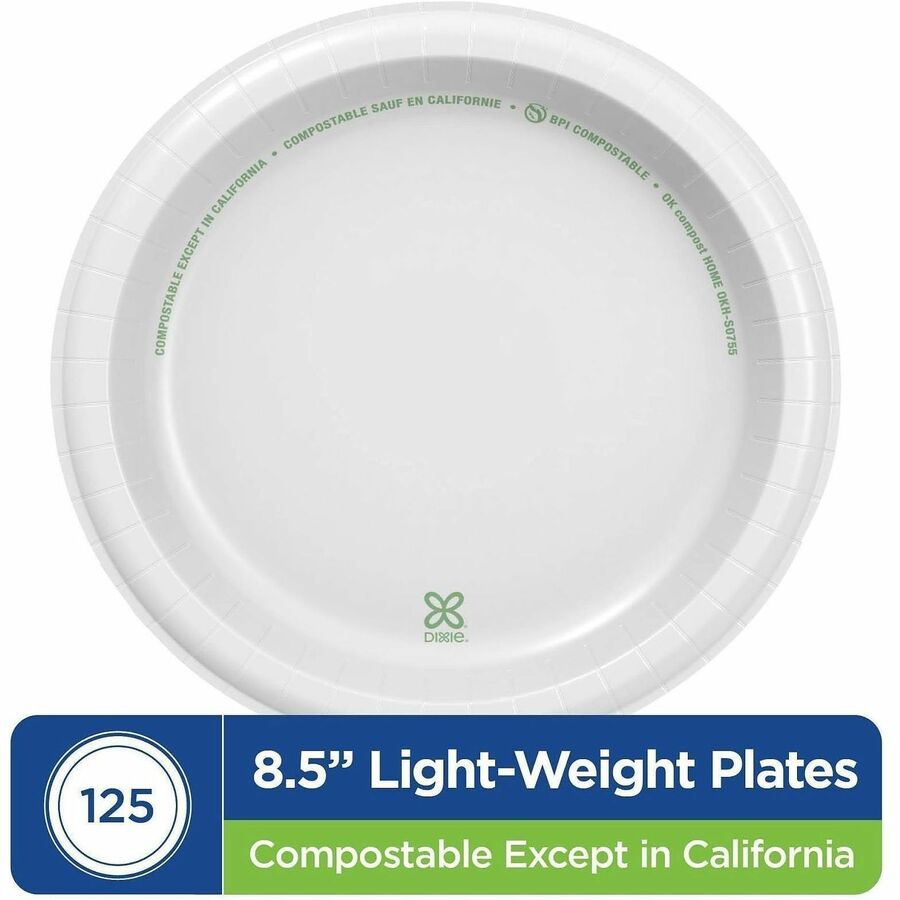 Dixie Basic 8.5" Lightweight White Paper Plates, Microwave Safe, Cut and Soak Resistant, 125 Pack