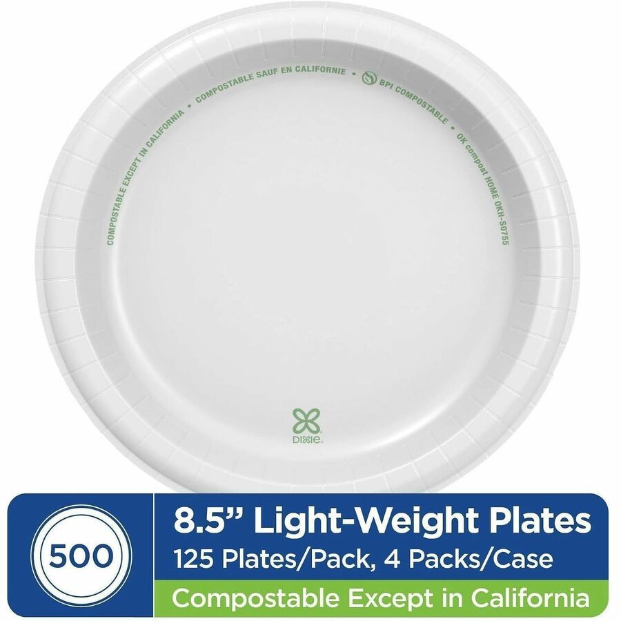 Dixie Basic 8.5" Lightweight White Paper Plates, Microwave Safe, Cut and Soak Resistant, 125 Pack