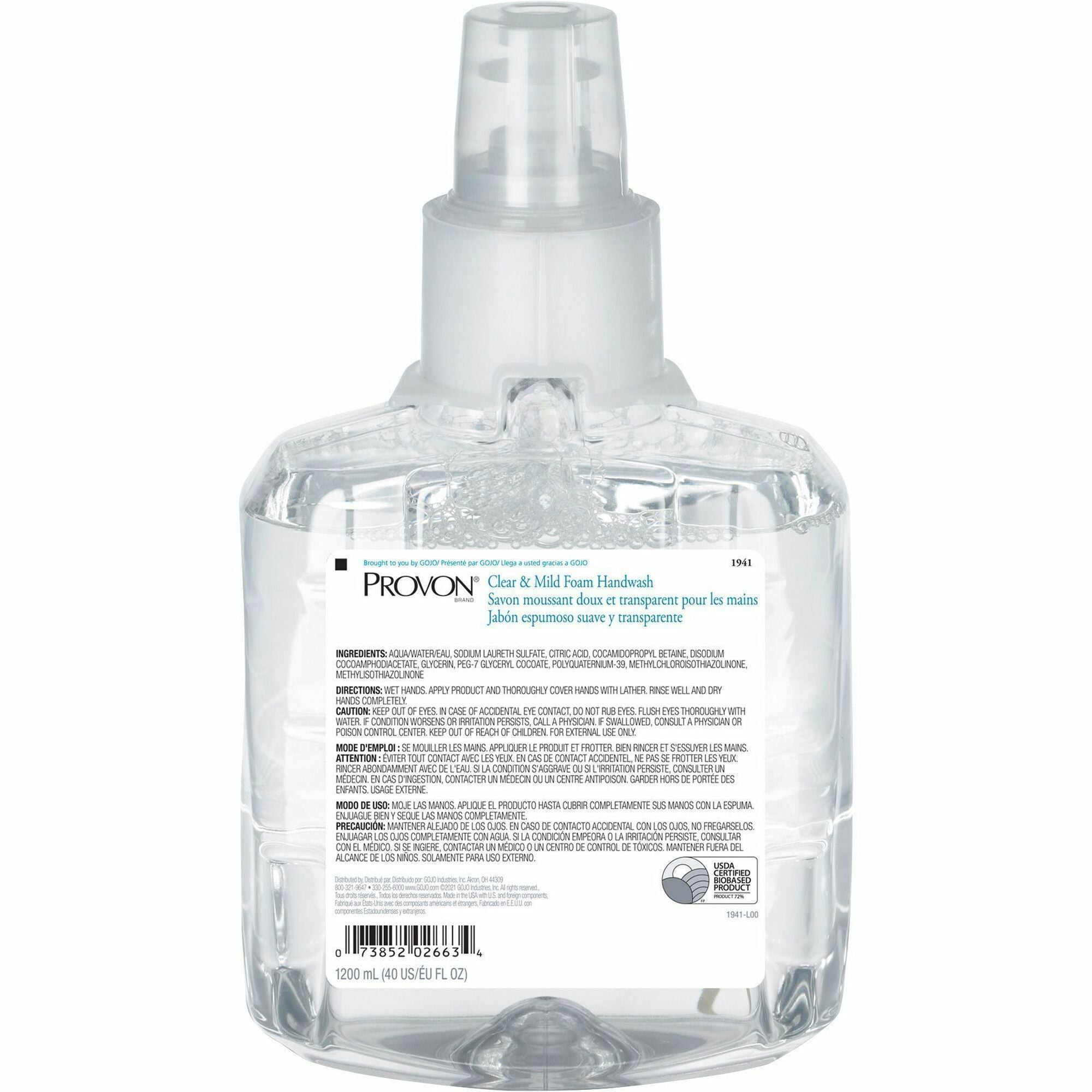 Provon LTX-12 Refill Clear & Mild Foam Handwash, 1.27 Quart, Pump Bottle, Moisturizing, Rich Lather, Fragrance-Free, Dye-Free, 1 Each