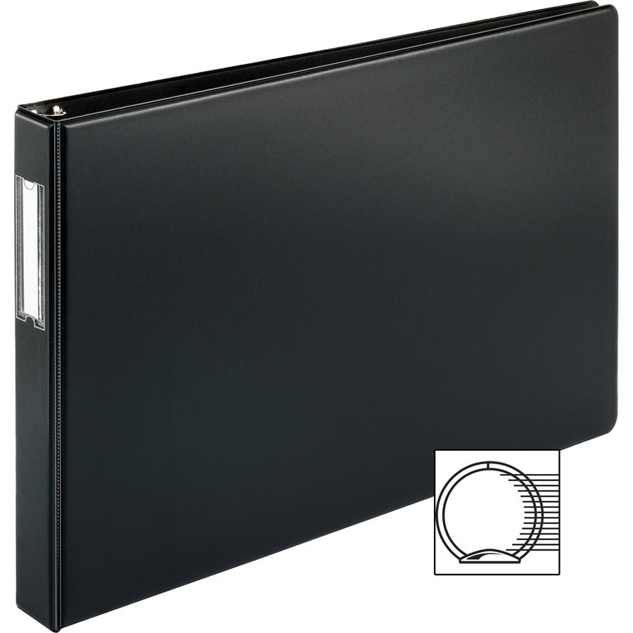 Business Source Tabloid-Size Round Ring Reference Binder, 1" Capacity, 11" x 17", Black, Recycled, Durable, Label Holder, 1 Each