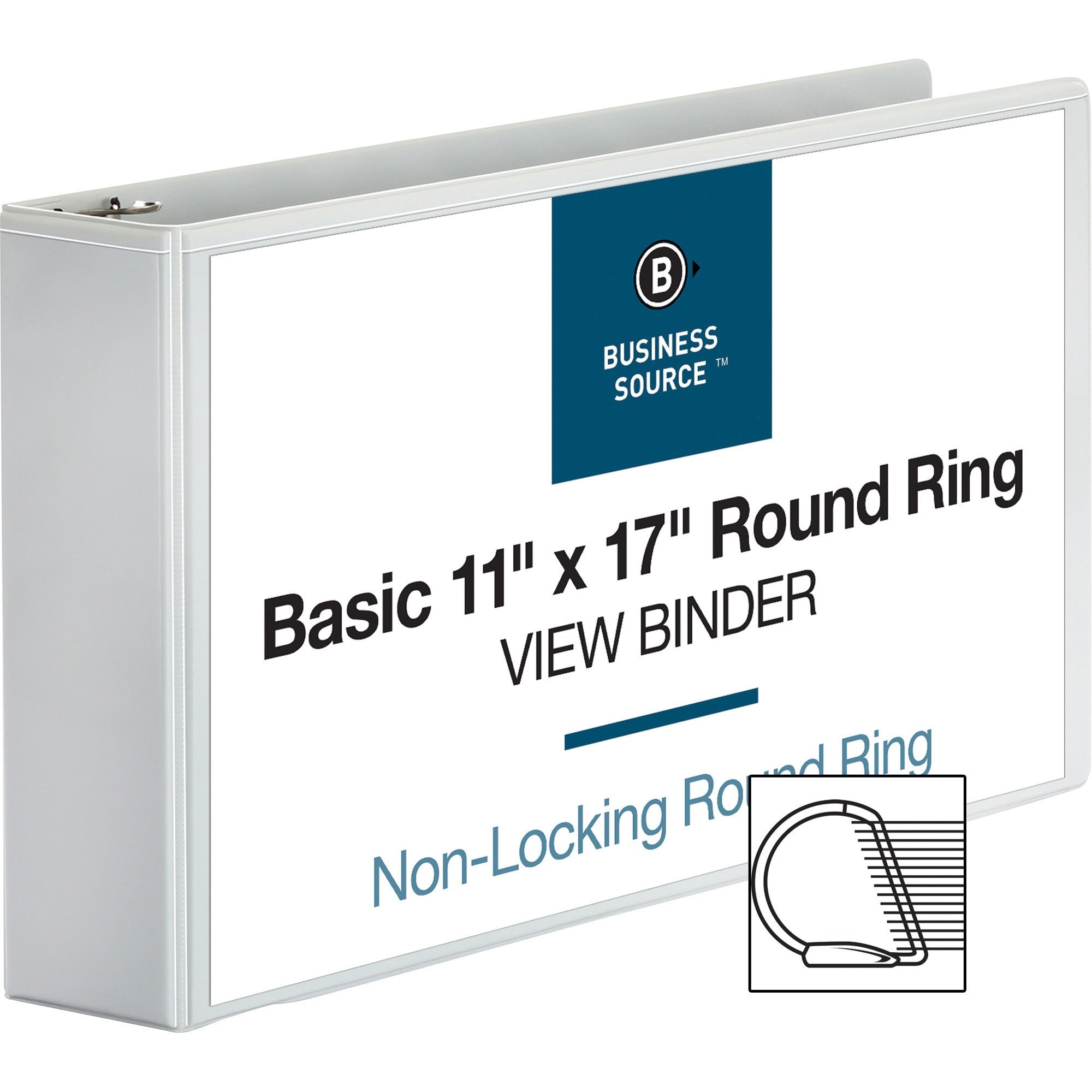 Business Source Tabloid-Size Round Ring Reference Binder, 3" Capacity, 11" x 17", White, Durable, Clear Overlay, Recycled, 1 Each