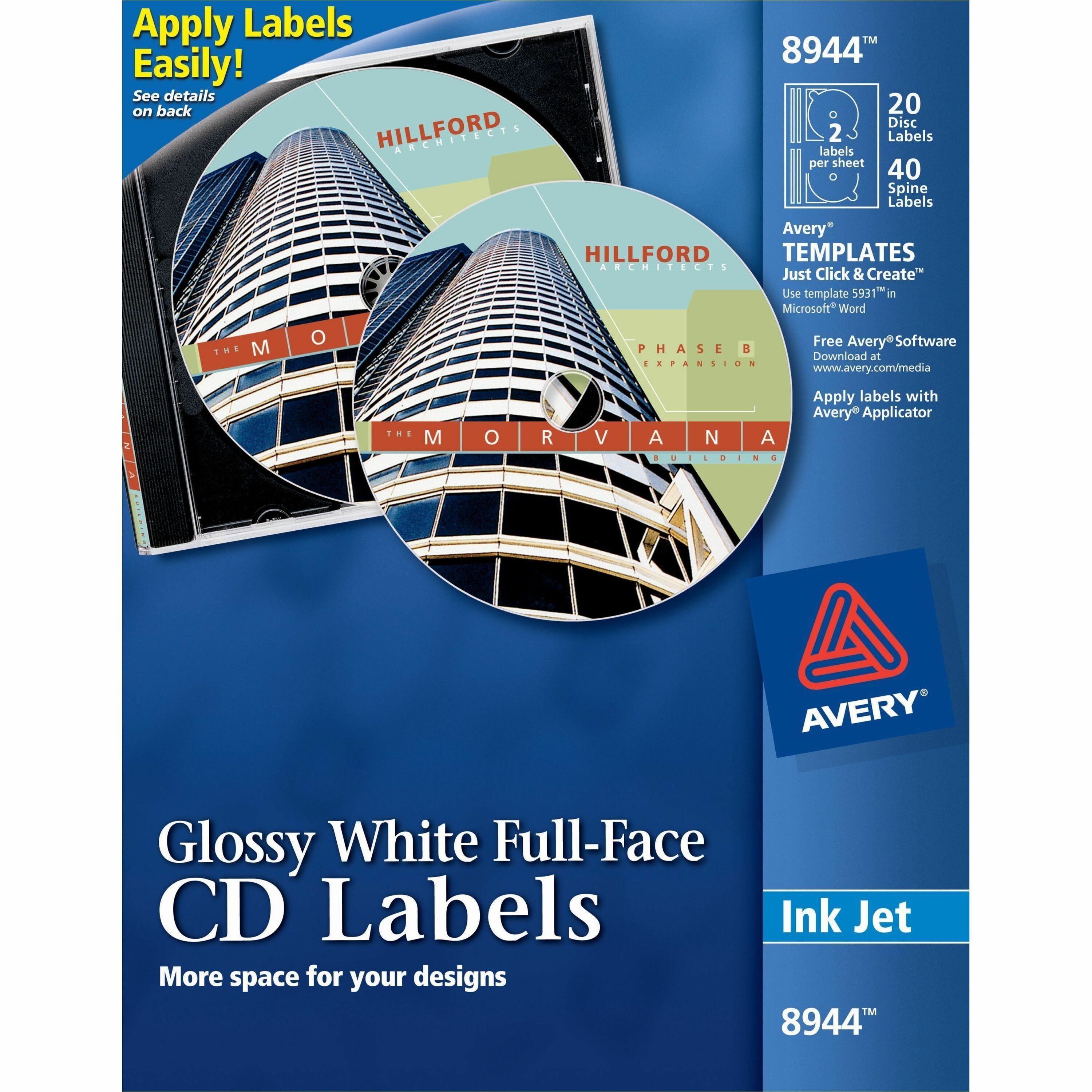 Avery Optical Disc Labels, Glossy White, Permanent Adhesive, Inkjet/Laser Compatible, 2 Labels per Sheet, 10 Sheets, 20 Labels per Pack