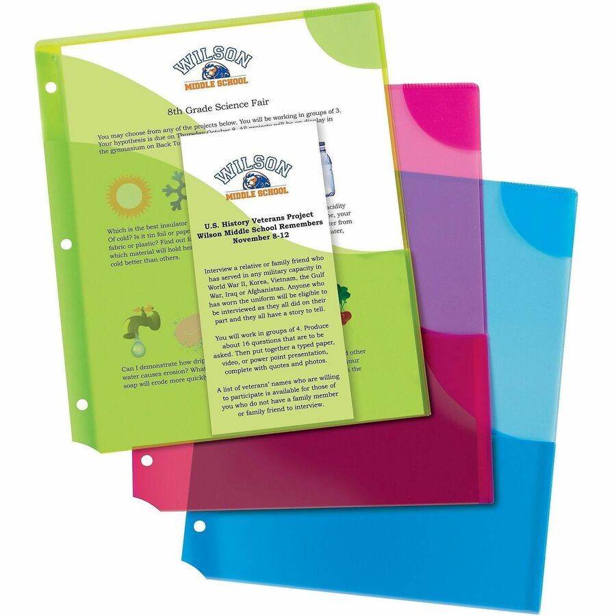 20 x Page, Paper, Photograph, Document Capacity - For Letter 8 1/2" x 11" Sheet - 3 x Holes - Ring Binder - Rectangular - Blue, Green, Pink - Polypropylene, Plastic - 3 / Pack