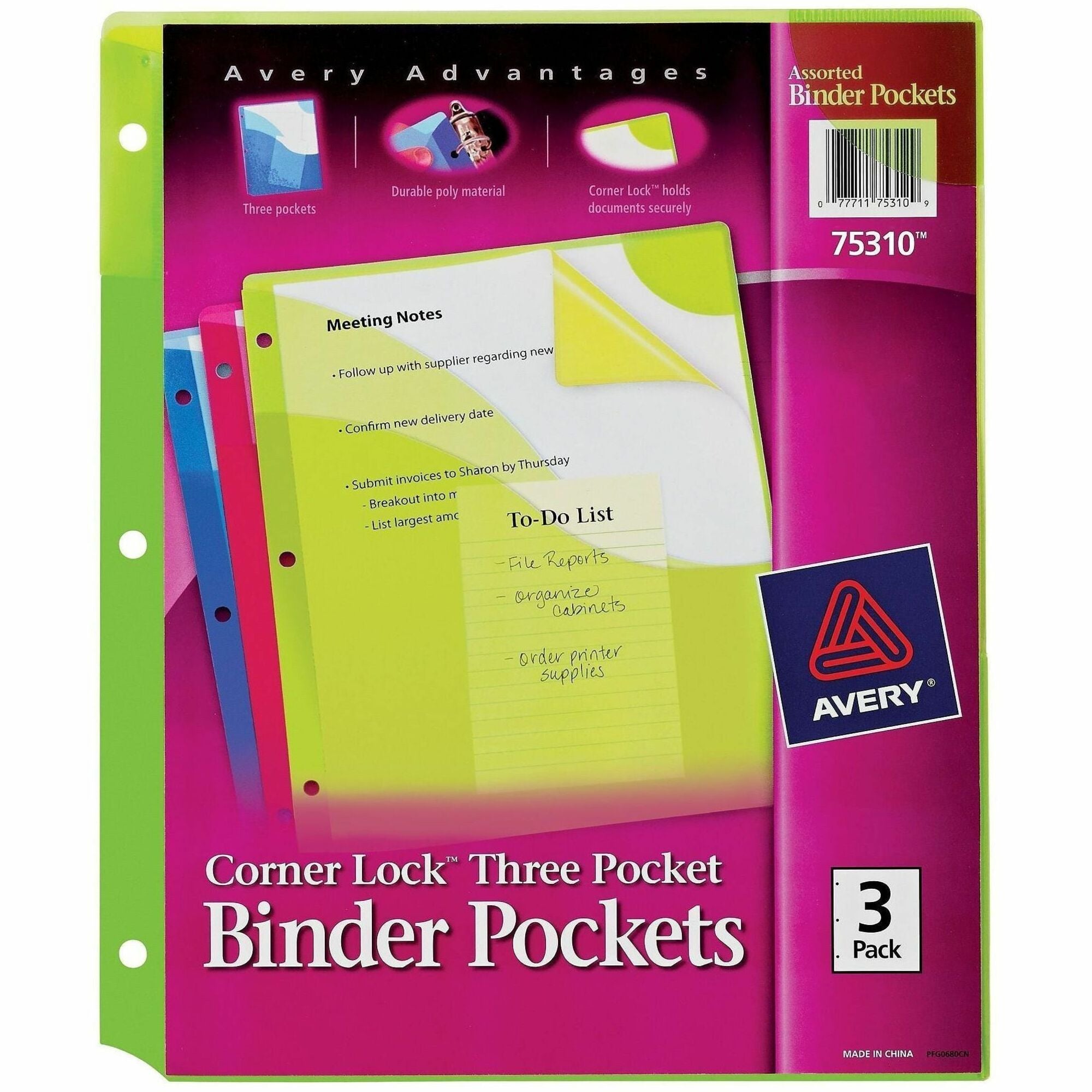 20 x Page, Paper, Photograph, Document Capacity - For Letter 8 1/2" x 11" Sheet - 3 x Holes - Ring Binder - Rectangular - Blue, Green, Pink - Polypropylene, Plastic - 3 / Pack