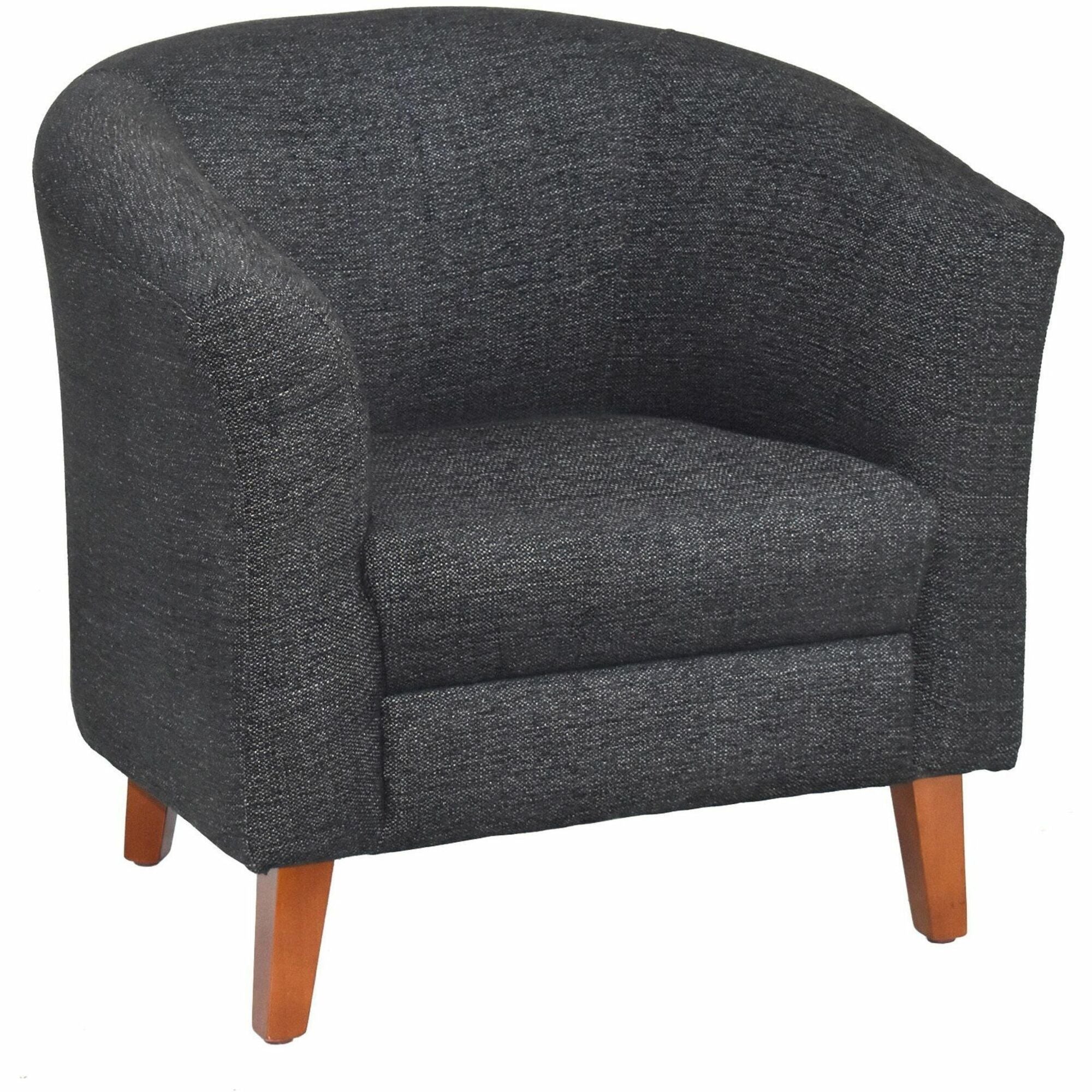 Lorell Barrel Armchair, Black Fabric Upholstery, Four-Legged Wood Base, 1 Each