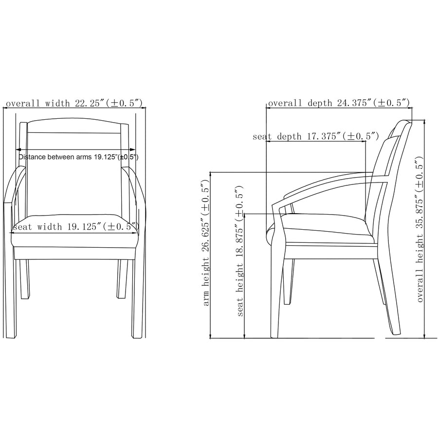 Lorell Sloping Arms Wood Frame Guest Chair, Black Bonded Leather Upholstery, Cherry Wood Frame, Four-Legged Base, 1 Each