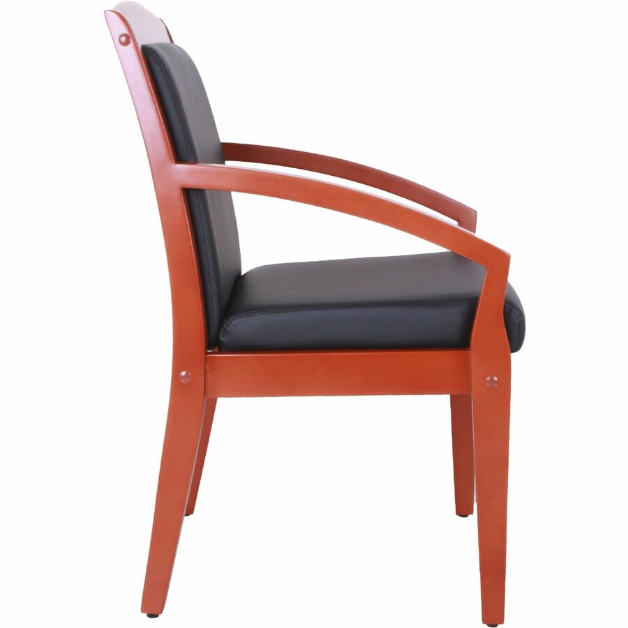 Lorell Sloping Arms Wood Frame Guest Chair, Black Bonded Leather Upholstery, Cherry Wood Frame, Four-Legged Base, 1 Each