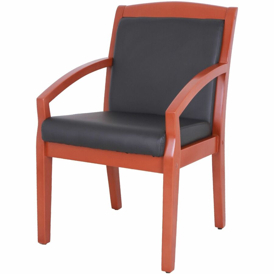 Lorell Sloping Arms Wood Frame Guest Chair, Black Bonded Leather Upholstery, Cherry Wood Frame, Four-Legged Base, 1 Each