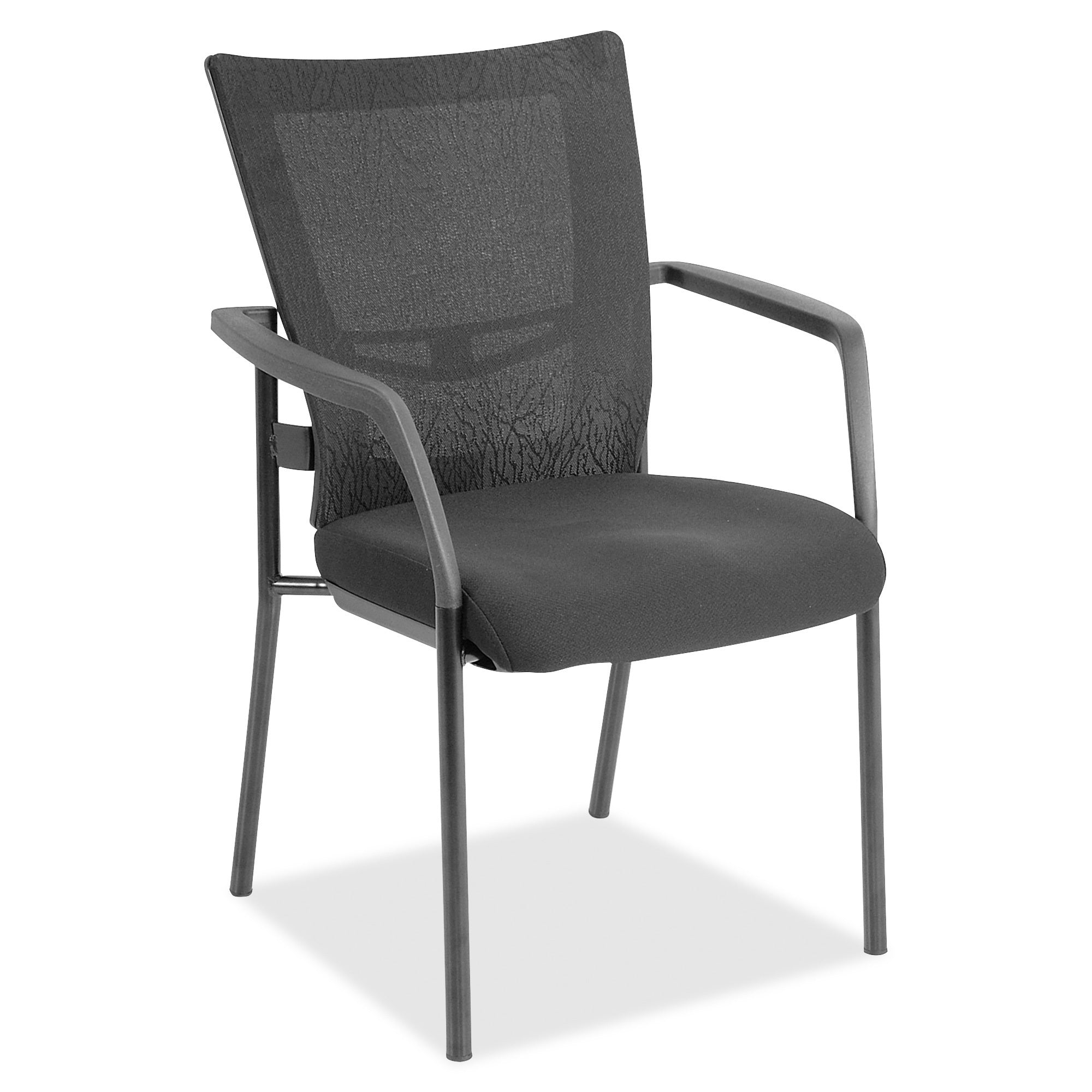 Lorell Mesh Back Guest Chair, Black Fabric Seat, Nylon Mesh Back, Powder Coated Four-Legged Frame, Gray Armrests, 1 Each