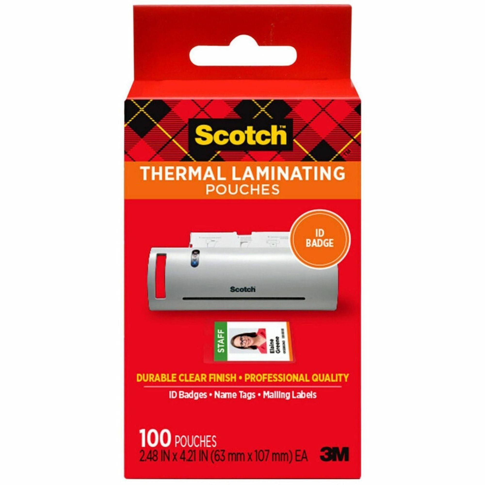 Scotch Thermal Laminating Pouches, 2.40" x 4.20", 5 mil, Glossy, Double Sided, Photo-safe, Clear, 1 Pack