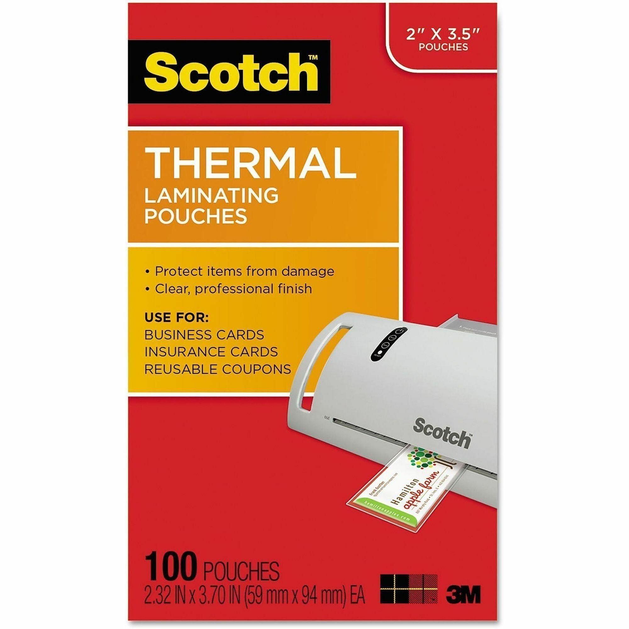 Scotch Thermal Laminating Pouches, 2.30" x 3.70", 5 mil, Glossy, Double Sided, Moisture Resistant, Photo-safe, Clear, 100 Pack