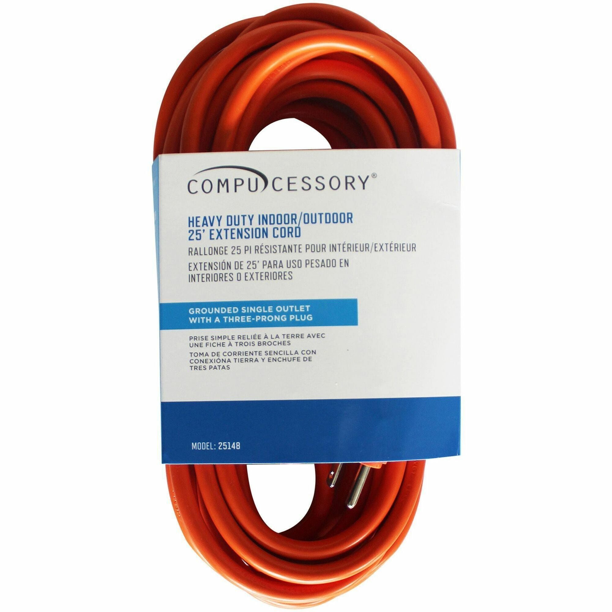 Compucessory Heavy-duty Indoor/Outdoor Extension Cord, 16 Gauge, 125V, 13A, Orange, 25 ft, 1 Each