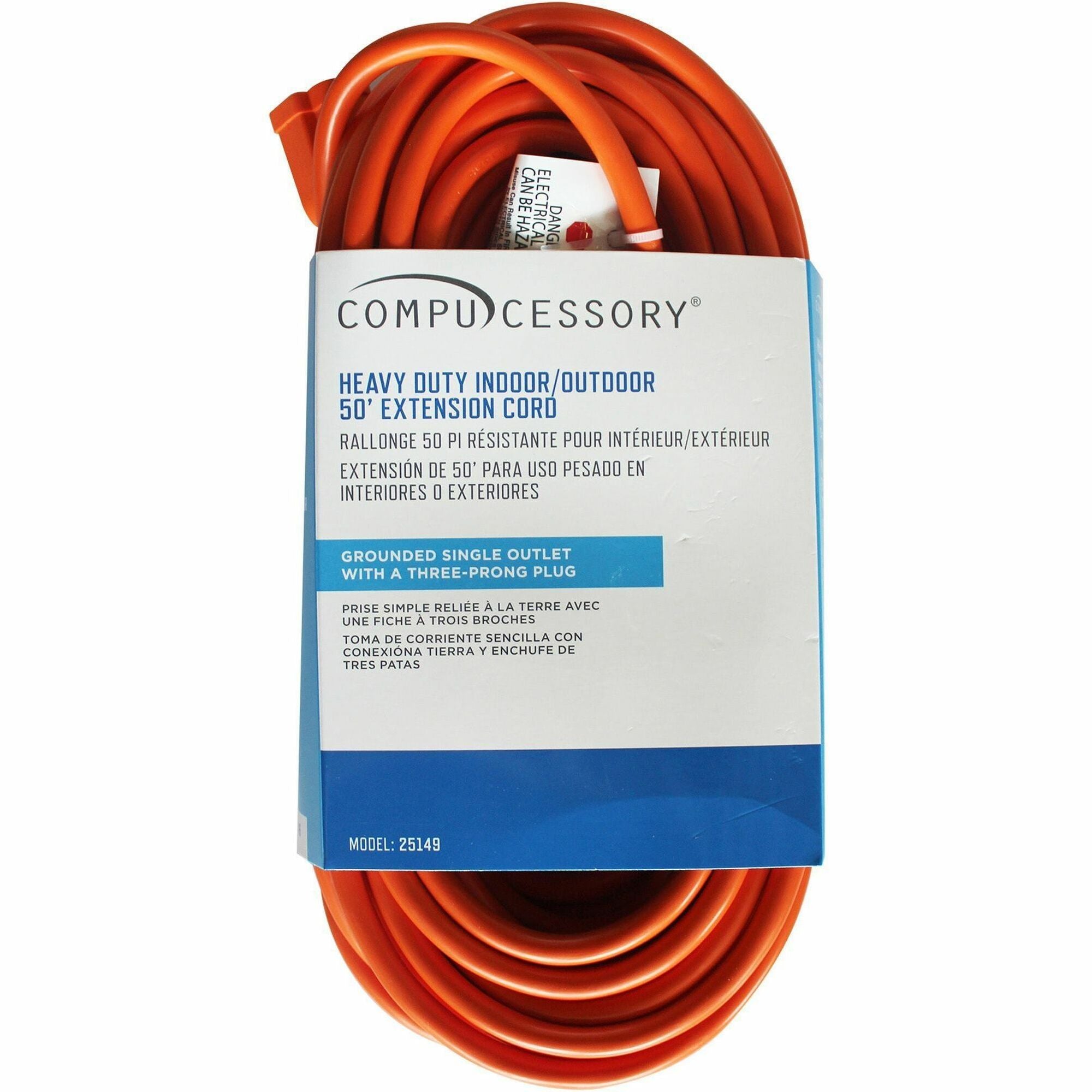Compucessory Heavy-duty Indoor/Outdoor Extension Cord, 16 Gauge, 125V, 13A, Orange, 50 ft, 1 Each