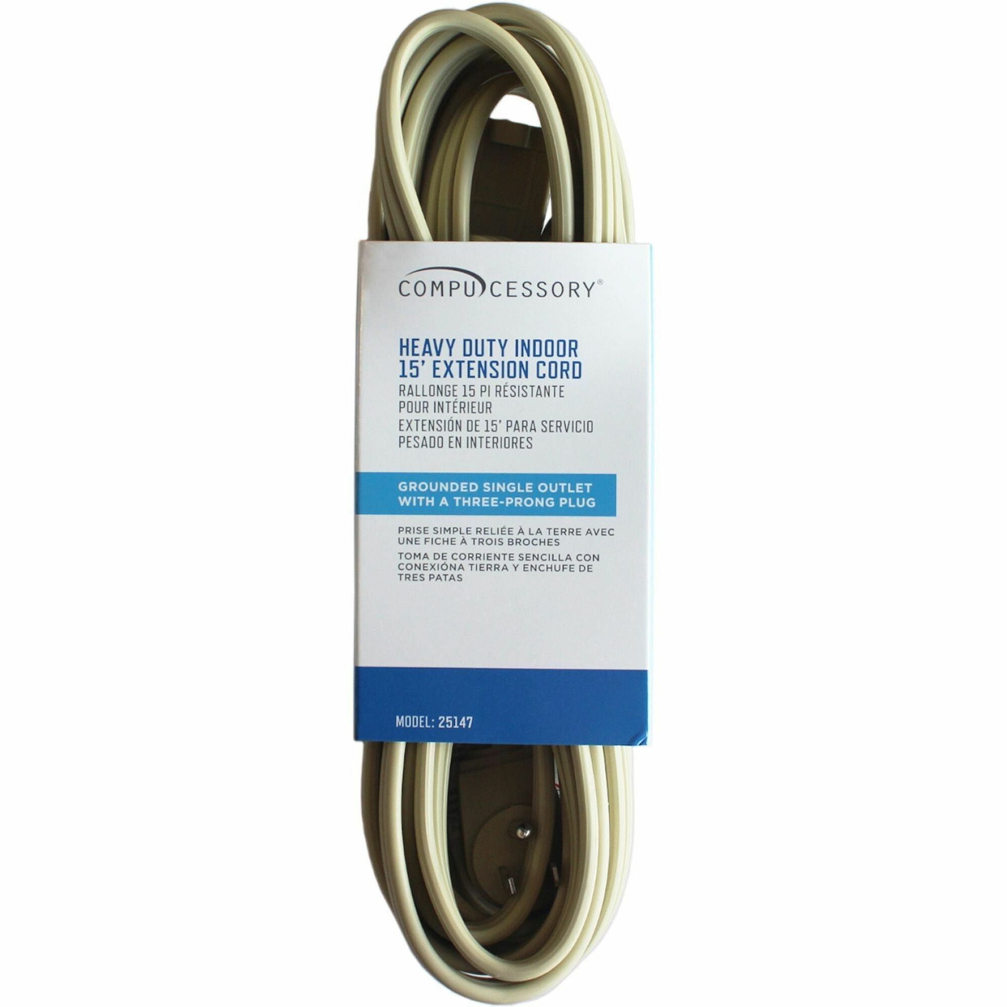 Compucessory Heavy Duty Indoor Extension Cord, 14 Gauge, 125V AC, 15A, Beige, 15 ft, 1 Each